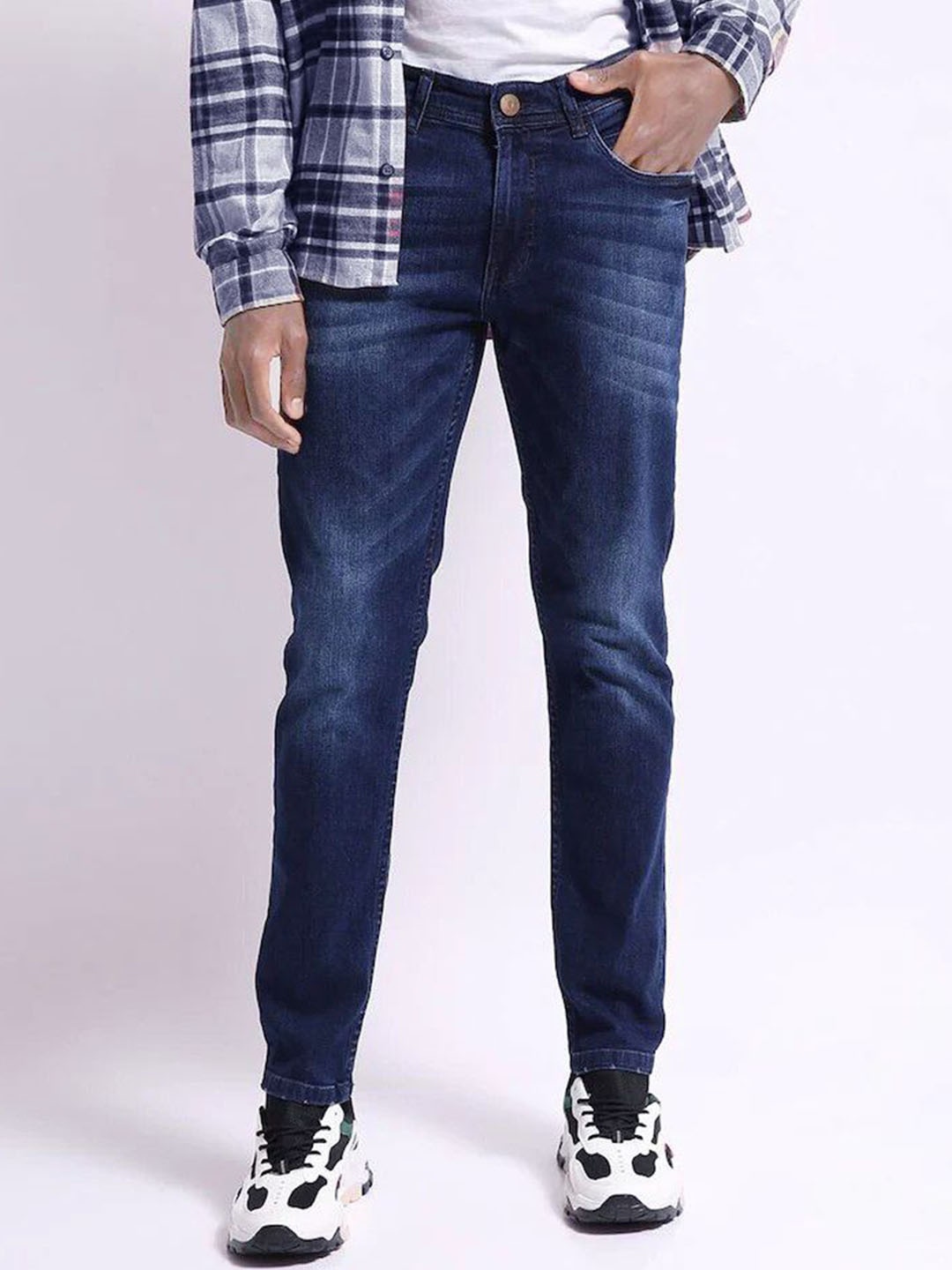 

fineblu Men Slim Fit Low Distress Light Fade Stretchable Jeans, Blue