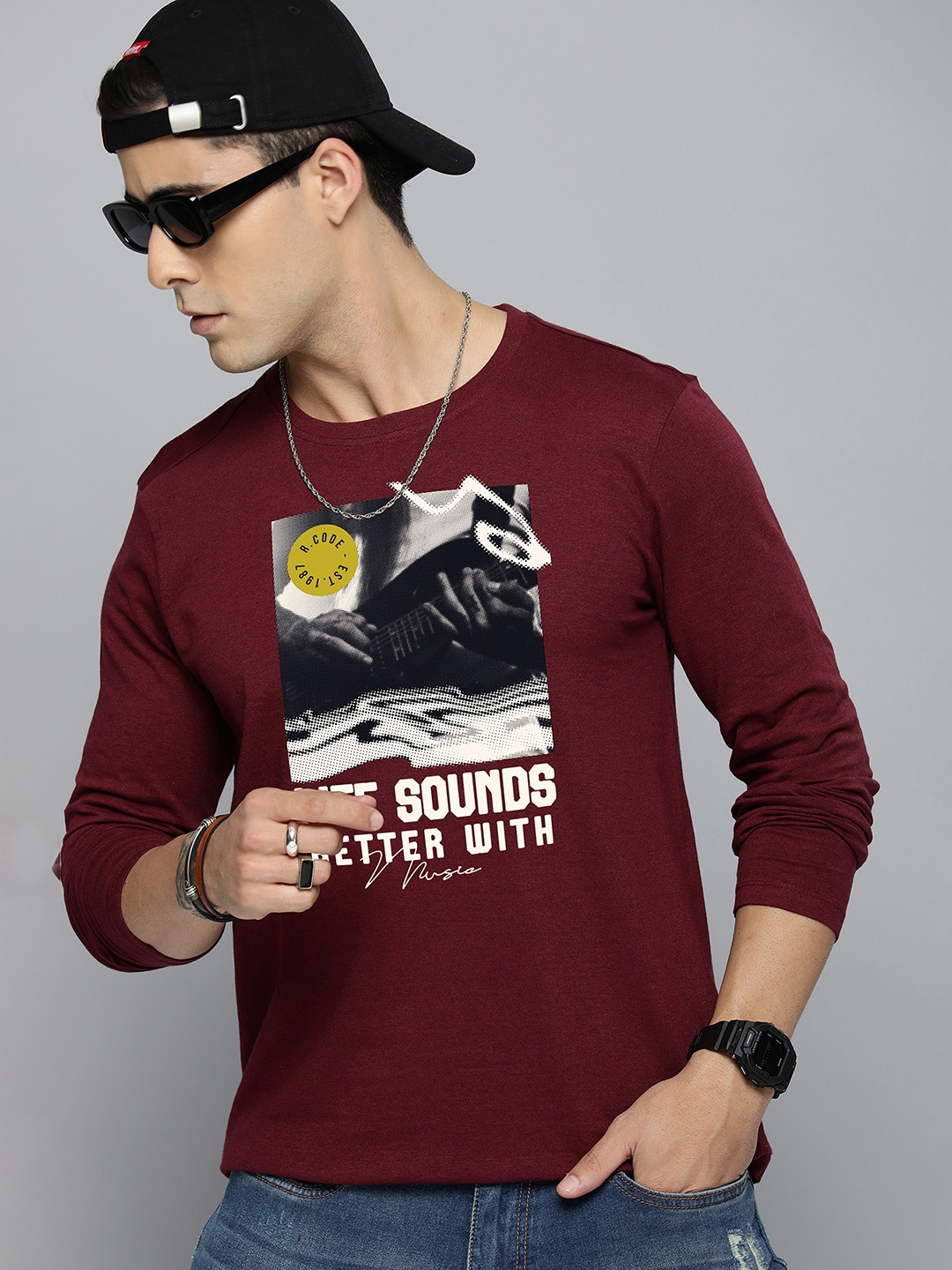 

R.Code by The Roadster Life Co. Men Printed T-shirt, Burgundy