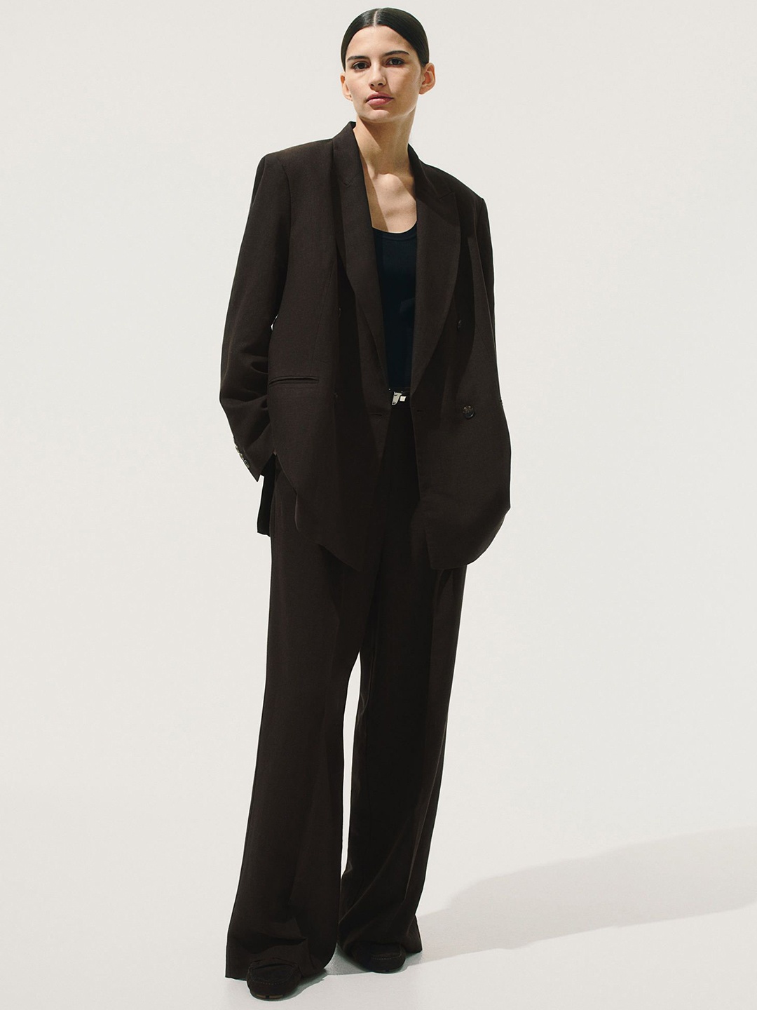 

H&M Wide Linen-Blend Trousers, Brown