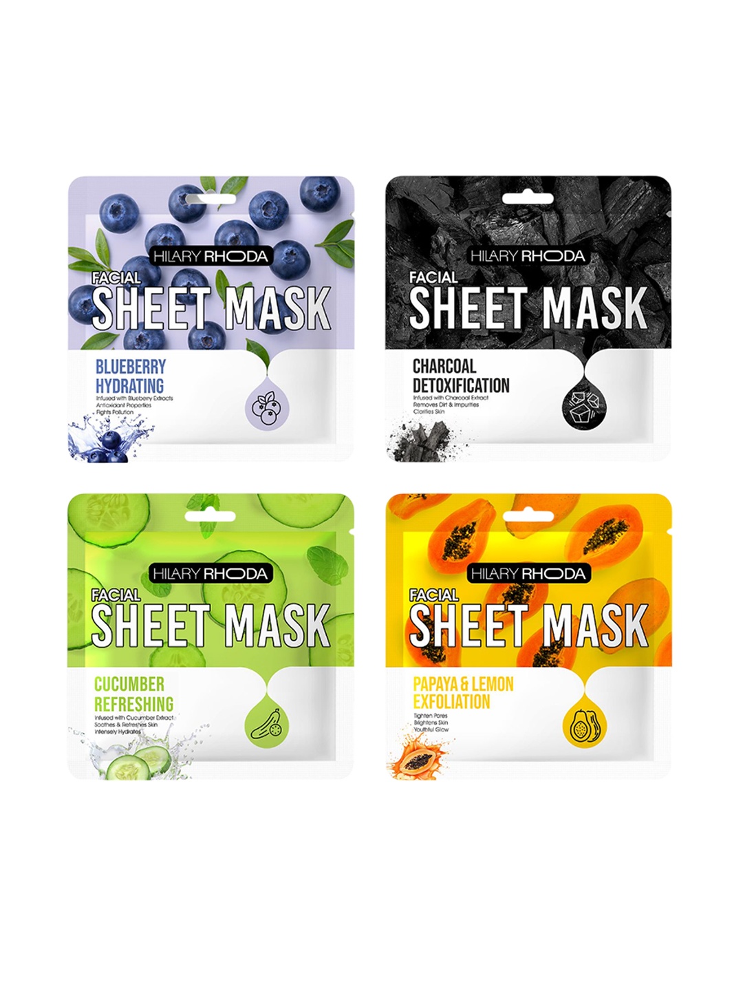 

Hilary Rhoda Set Of 4 Blueberry -Cucumber -Charcoal -Papaya Sheet Mask- 20 g Each, Black