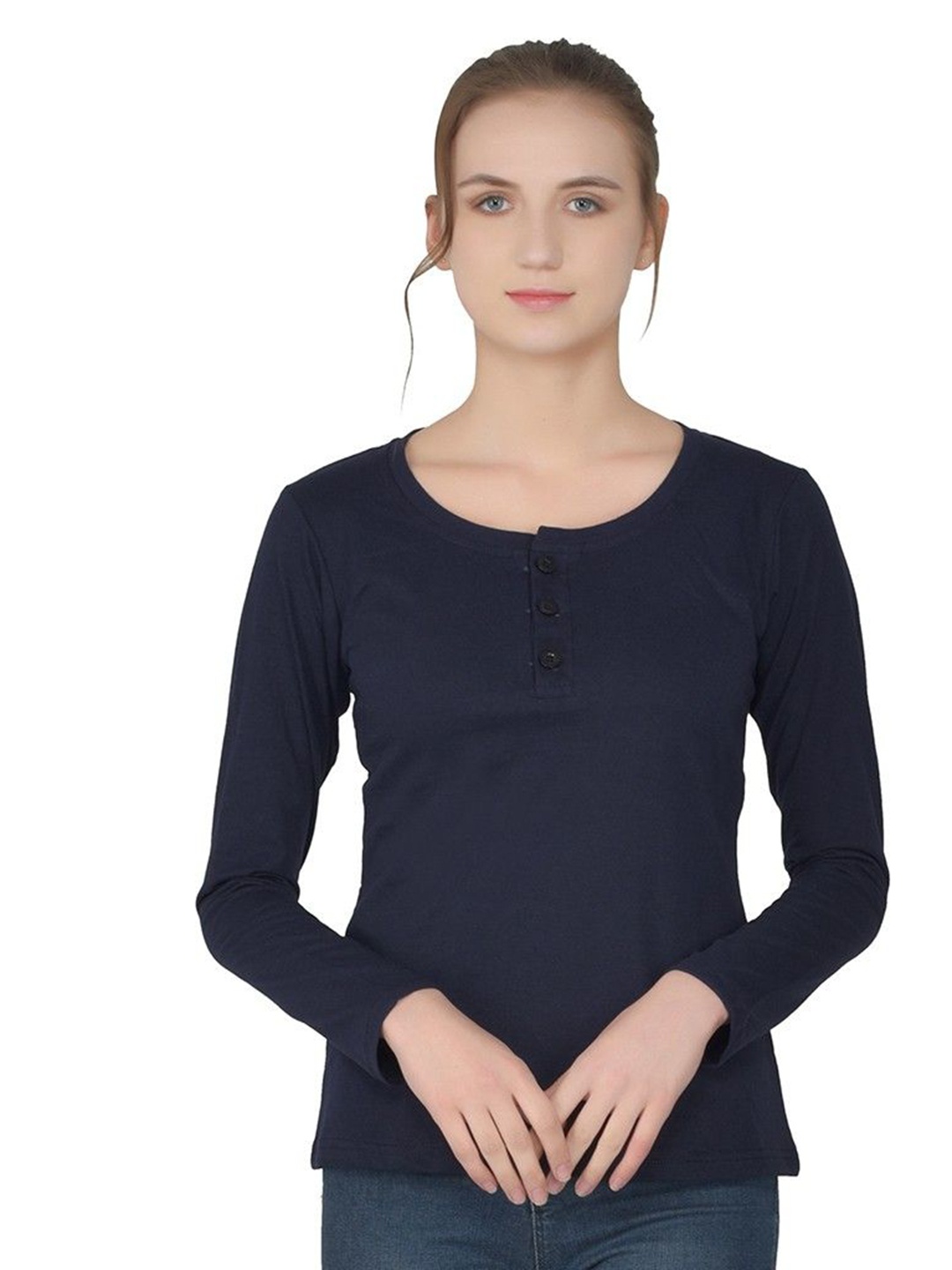 

BEYOU FASHION Women Henley Neck Raw Edge Slim Fit T-shirt, Navy blue