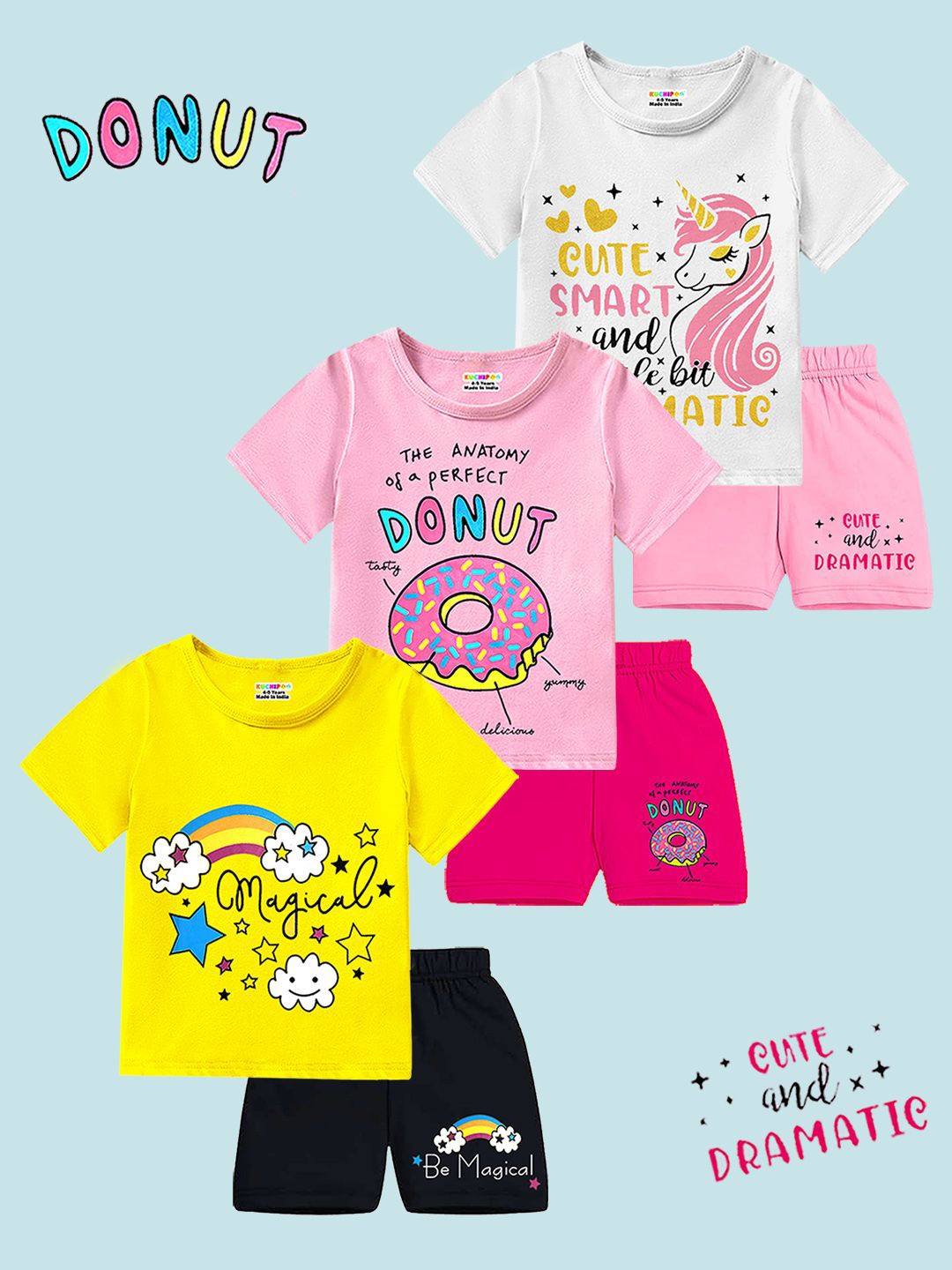 

KUCHIPOO Girls Printed T-shirt with Shorts, Pink