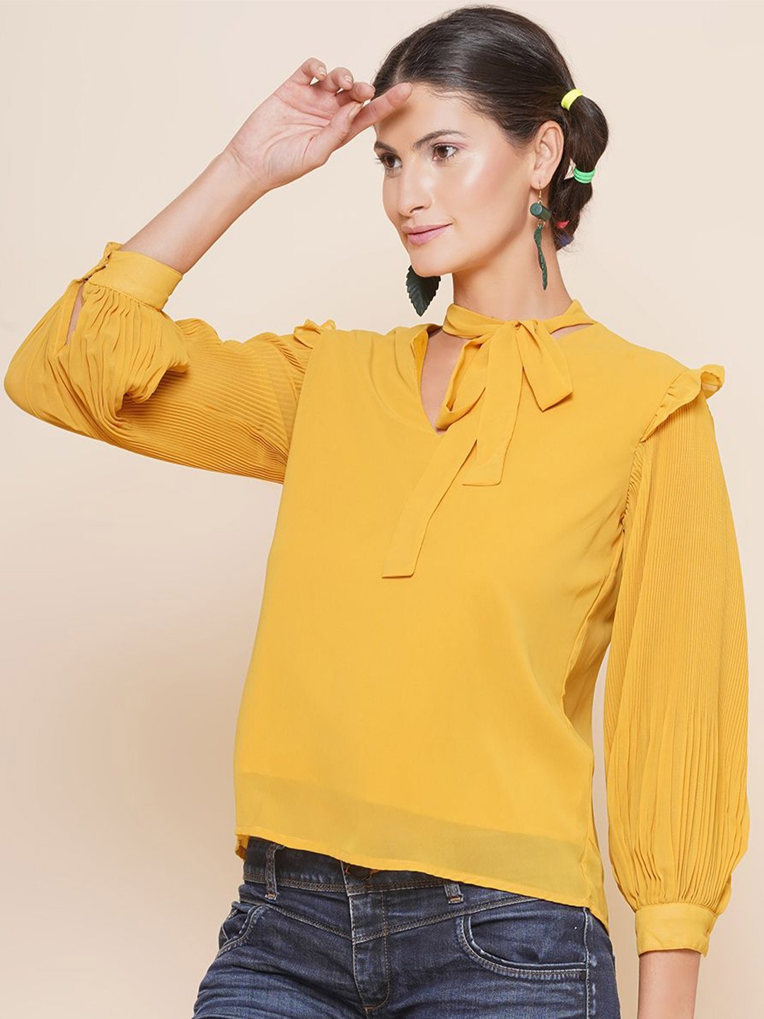 

JAKANARY Tie-Up Neck Puff Sleeve Georgette Top, Mustard