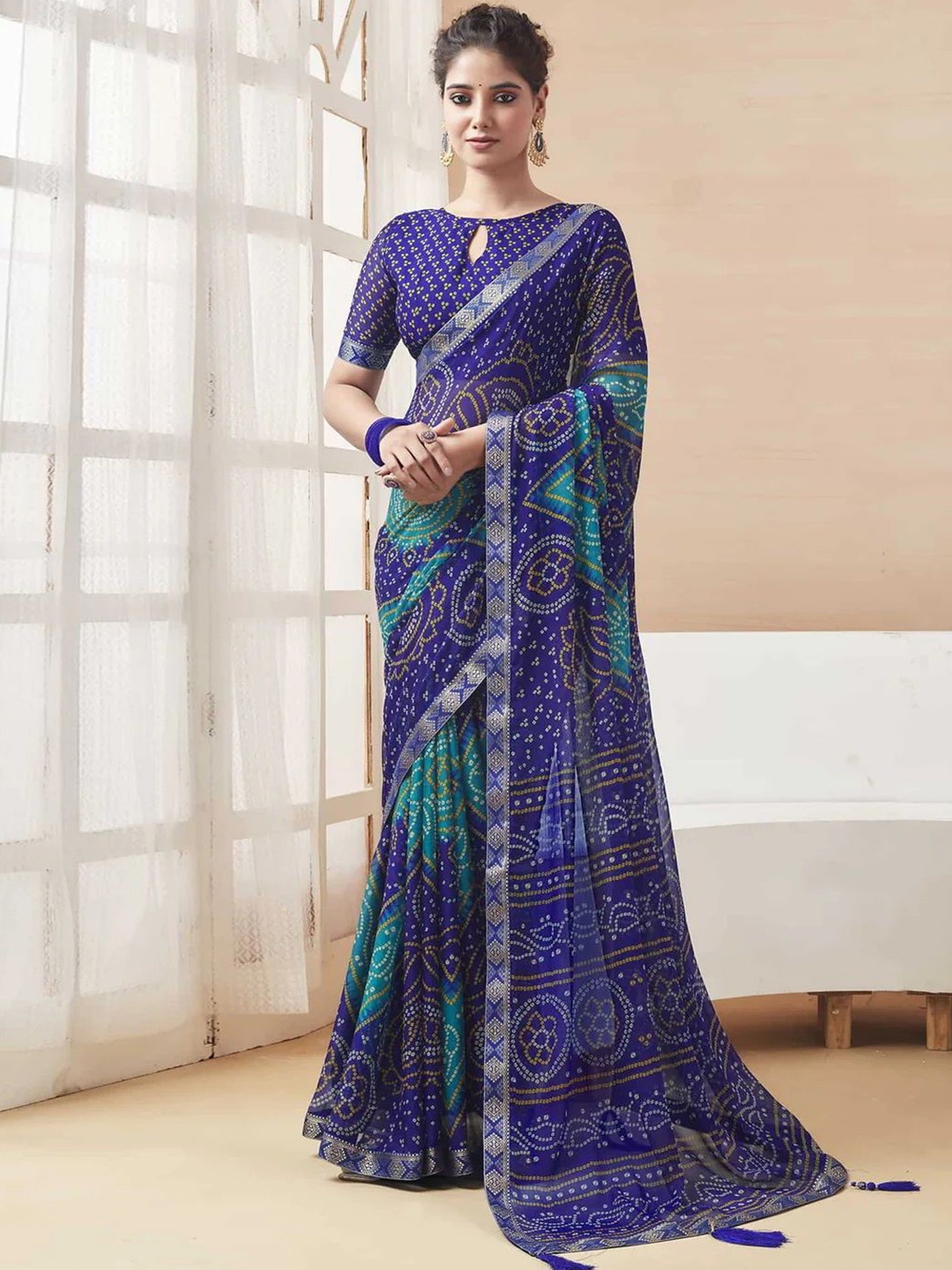 

Styleveda Bandhani Poly Georgette Bandhani Saree, Blue