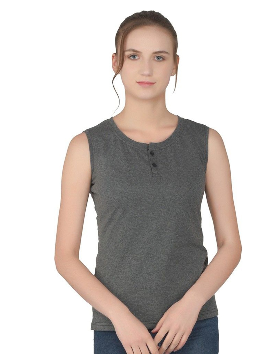 

BEYOU FASHION Women Henley Neck Cut Outs Slim Fit T-shirt, Grey