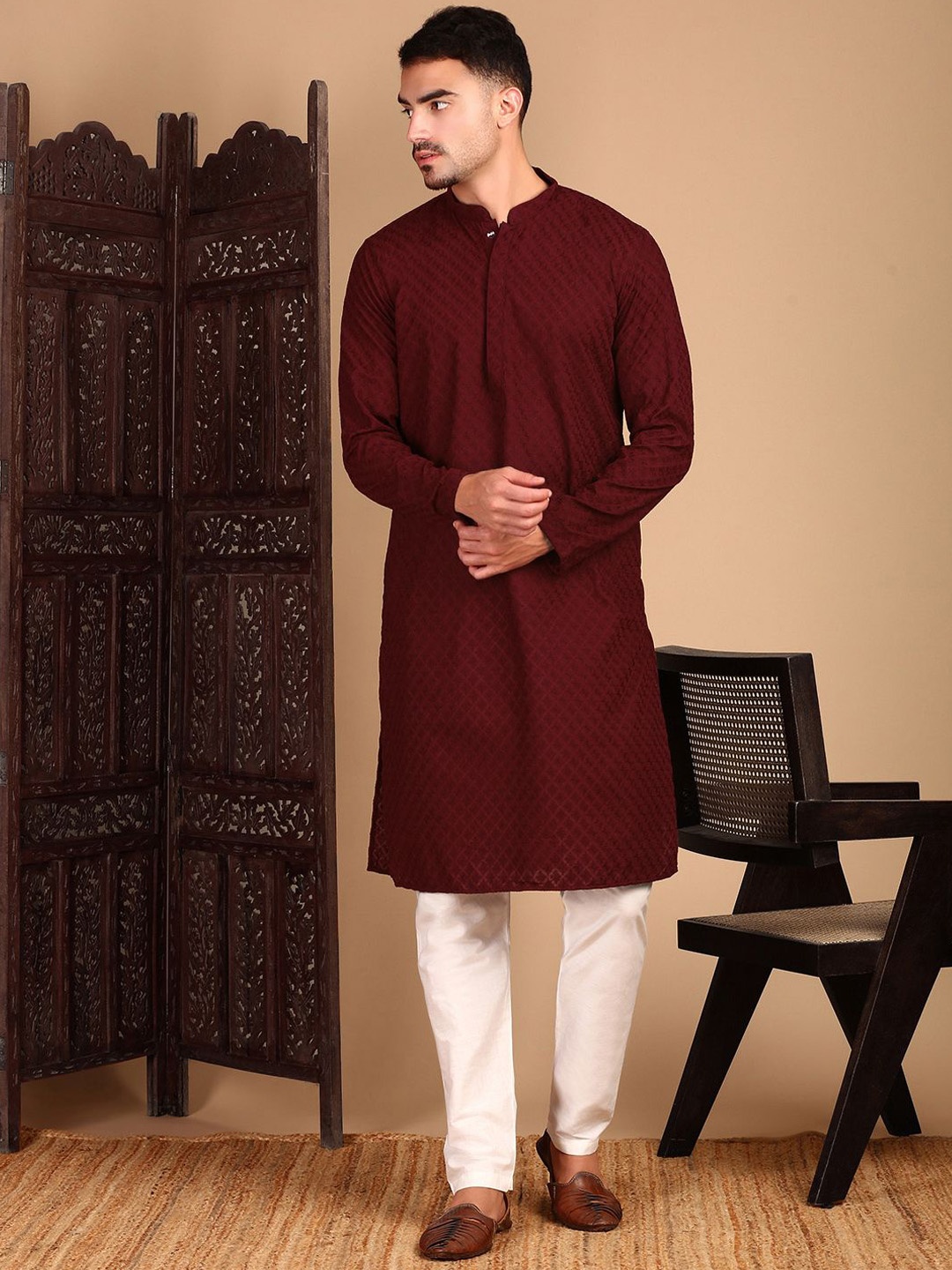 

House of Pataudi Chikankari Straight Kurta, Maroon