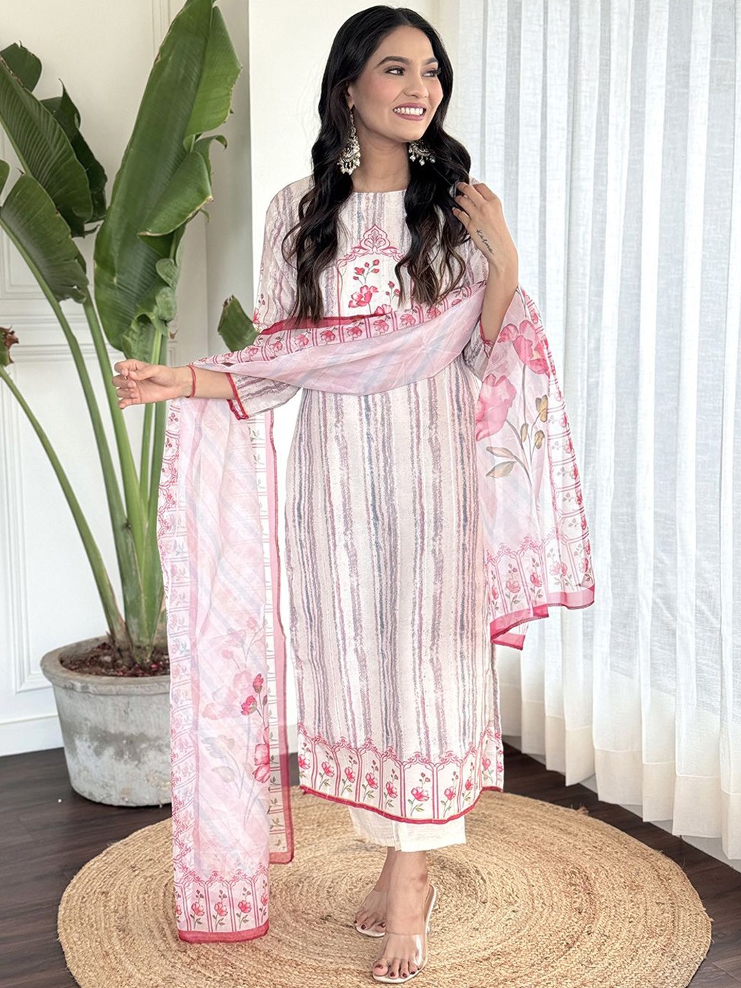 

Bhavyam Women Floral Printed Regular Thread Work Raw Silk Kurta with Trousers & With Dupatta, White