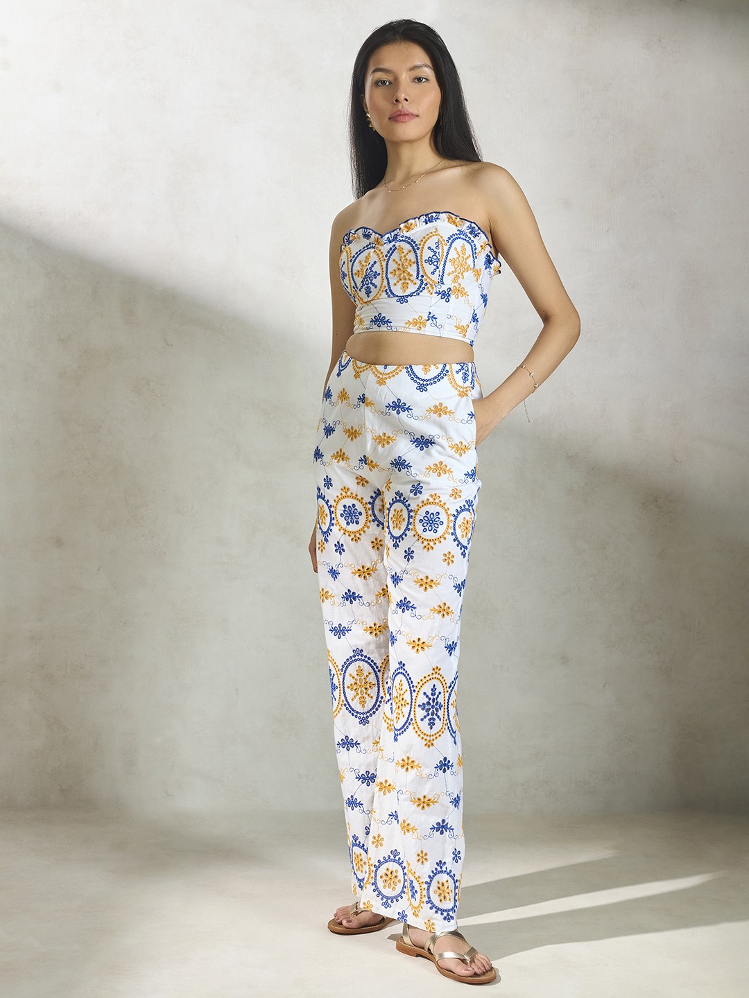 

Virgio Schiffli Embroidered Strapless Pure Cotton Top With Trousers, White