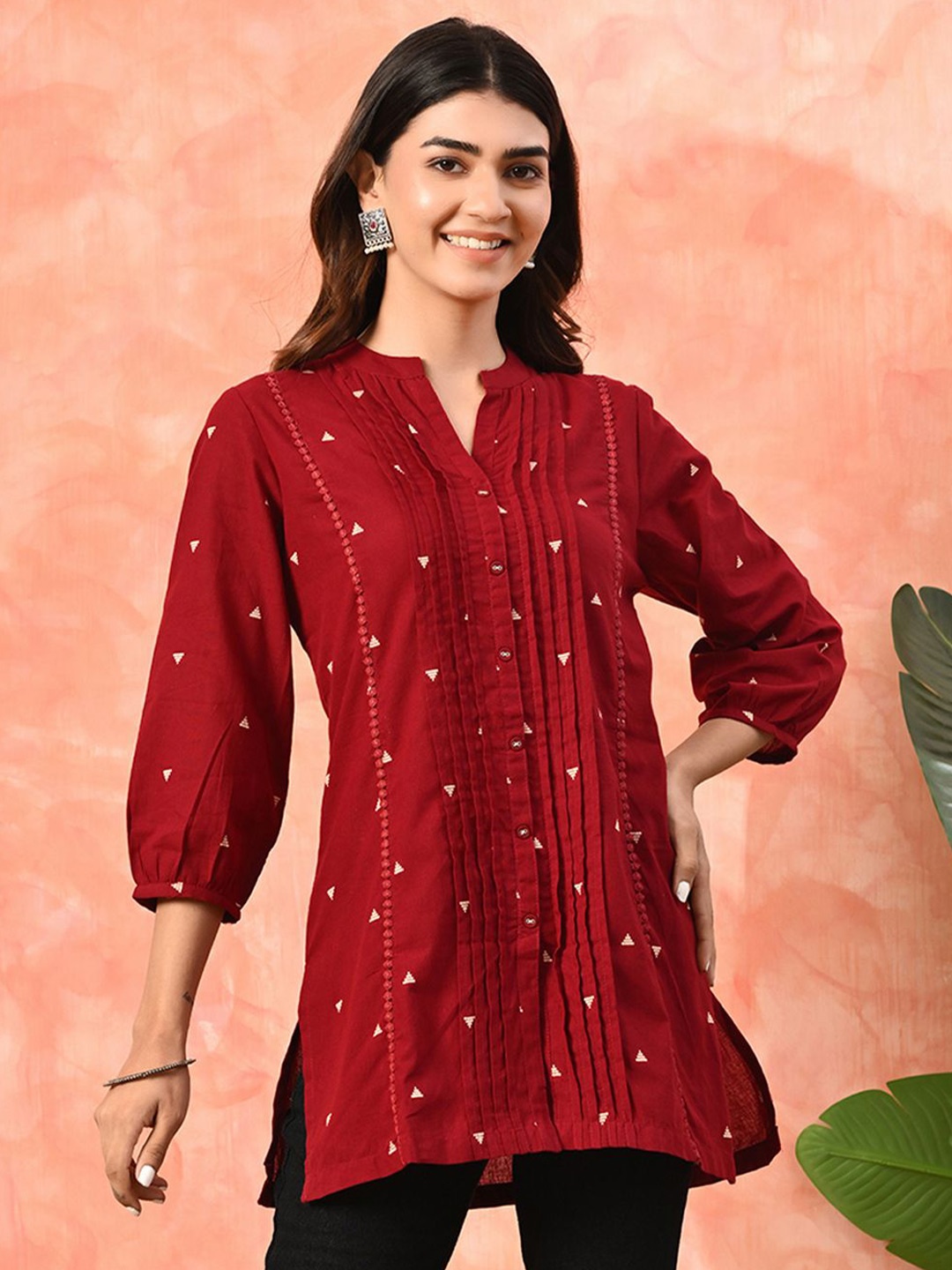 

Sangria Printed Cotton Mandarin Collar Tunic, Maroon