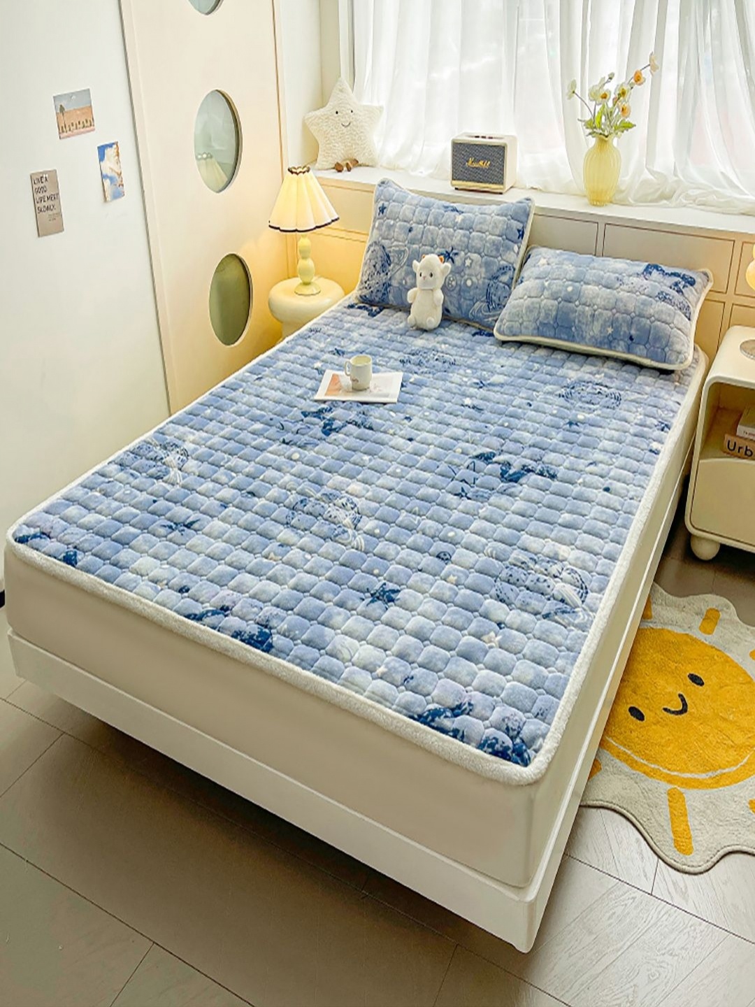 

JC HOME Blue & Green Geometric 150 TC Single Bedsheet with 1 Pillow Covers