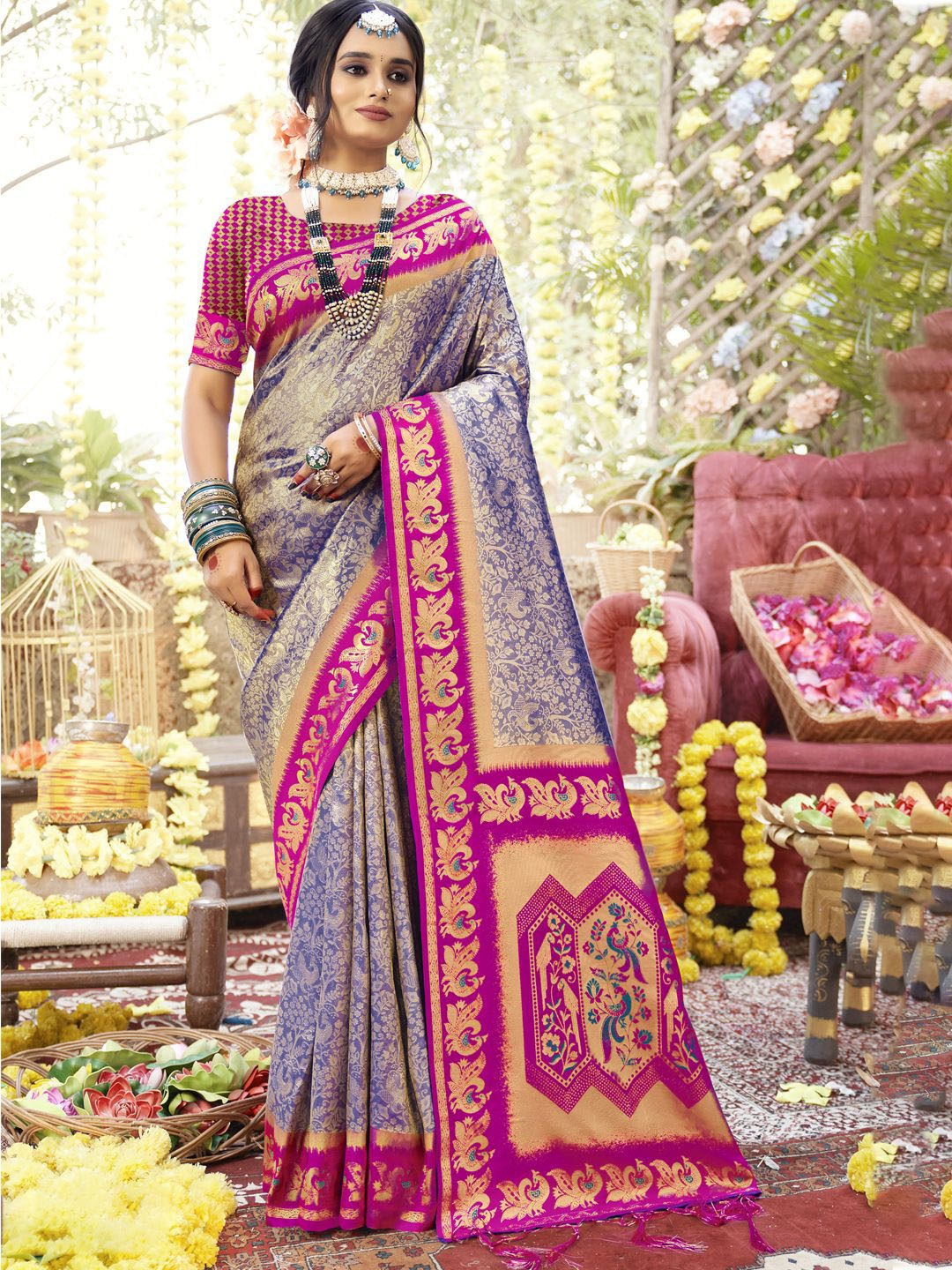 

SANGAM PRINTS Ethnic Motifs Zari Silk Blend Designer Tussar Saree, Purple