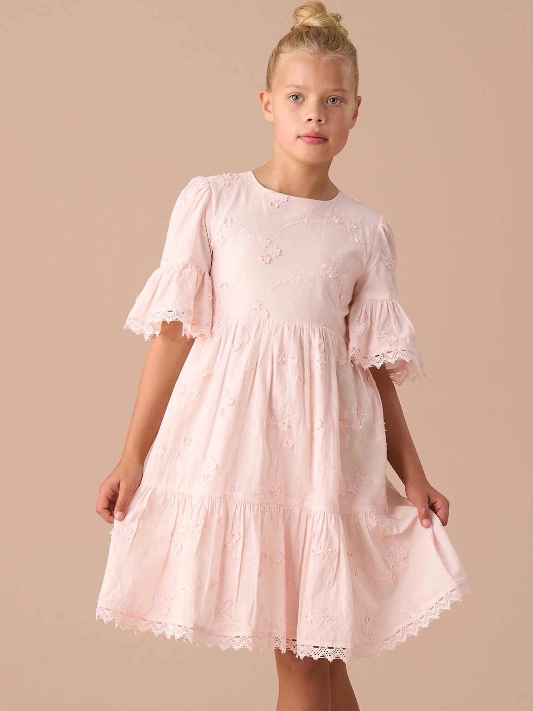 

Angel & Rocket Embroidered Bell Sleeve Fit & Flare Dress, Pink