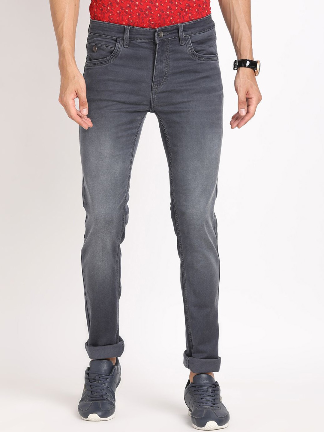 

Turtle Men Narrow Tapered Fit Light Fade Stretchable Jeans, Grey