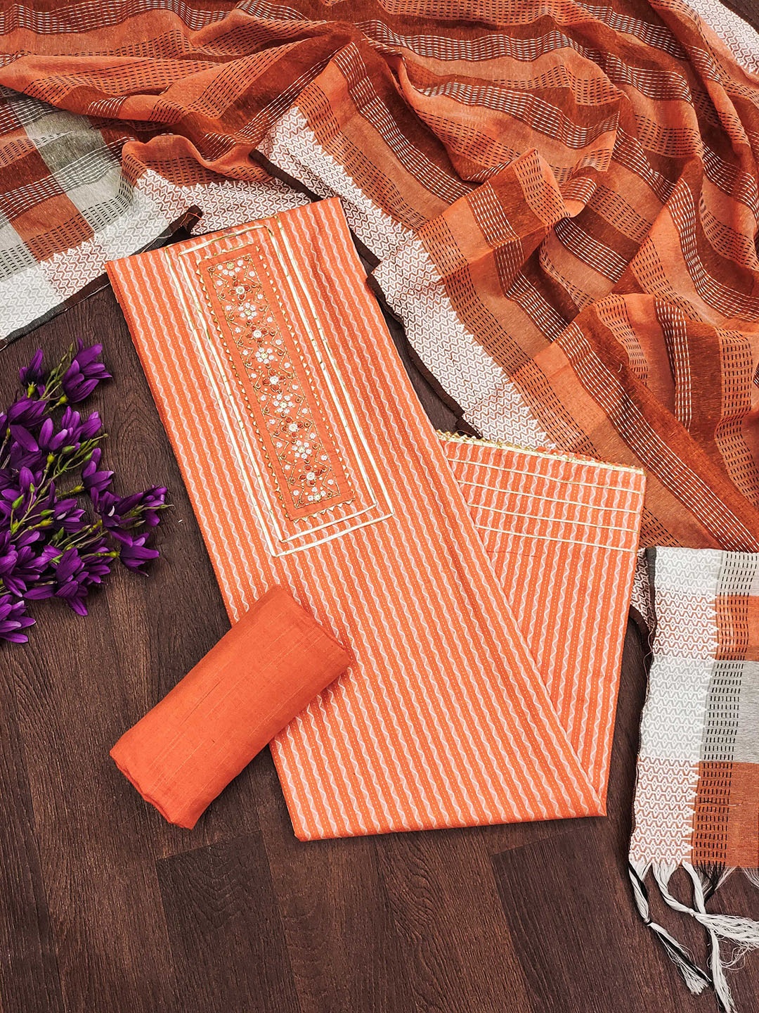 

SHADOW & SAINING Embellished Unstitched Dress Material, Peach