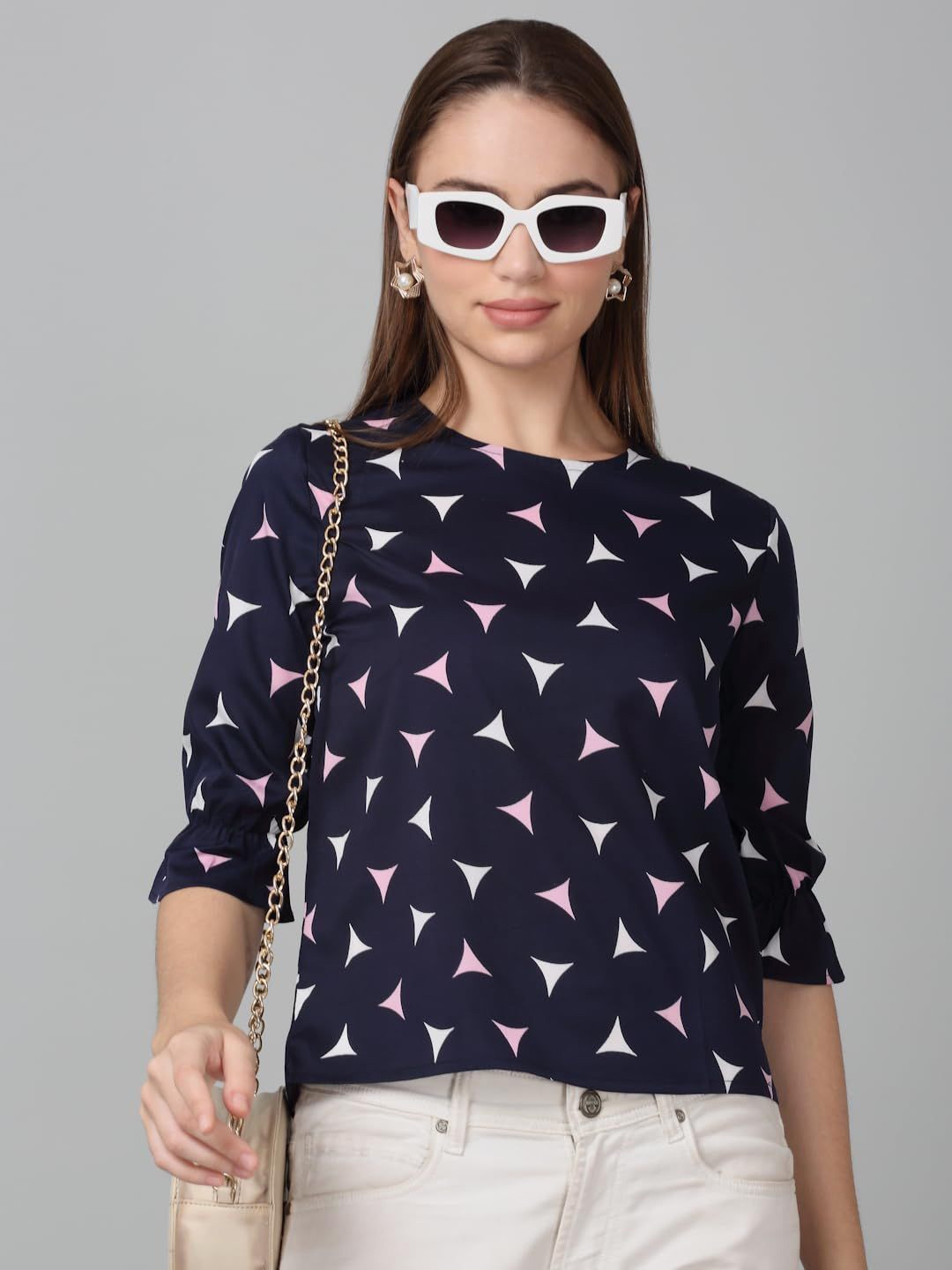 

SZN Print Roll-Up Sleeves Top, Navy blue