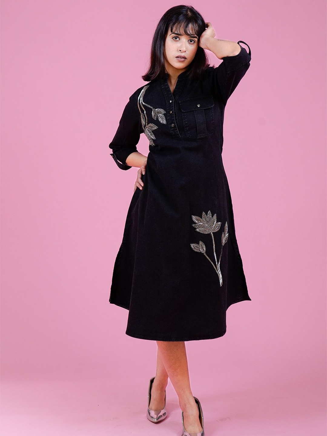 

COSMIC TRIO Embroidered Denim A-Line Midi Dress, Black