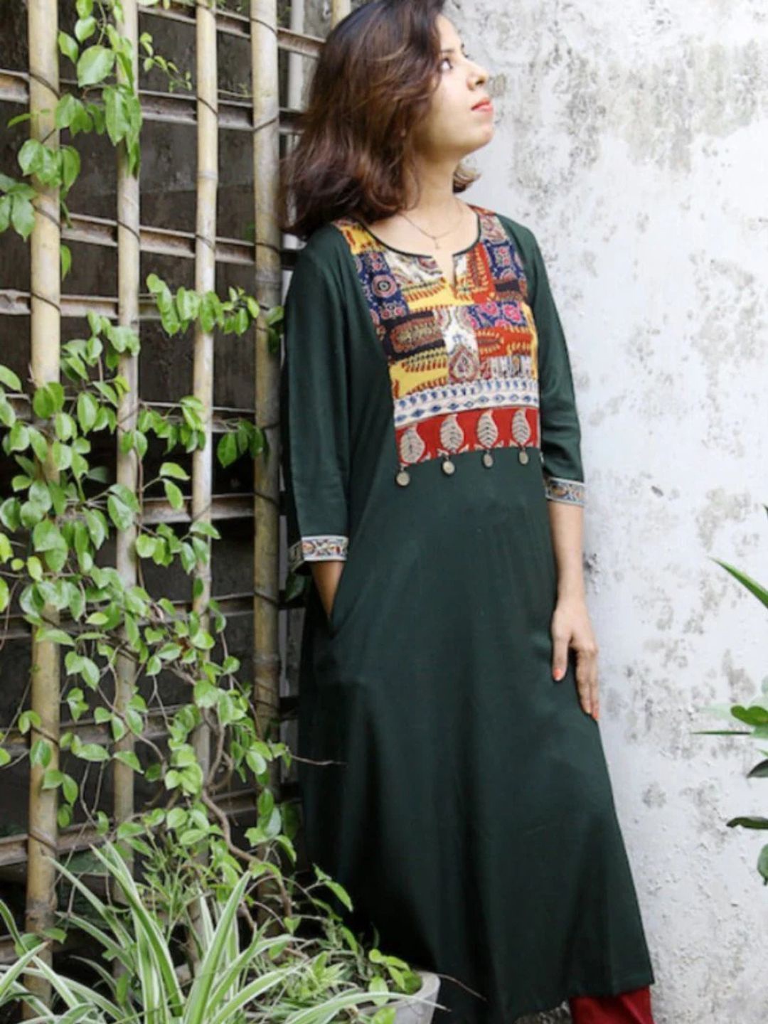 

Mera Rang Women Tribal Yoke Design Patchwork Kurta, Green