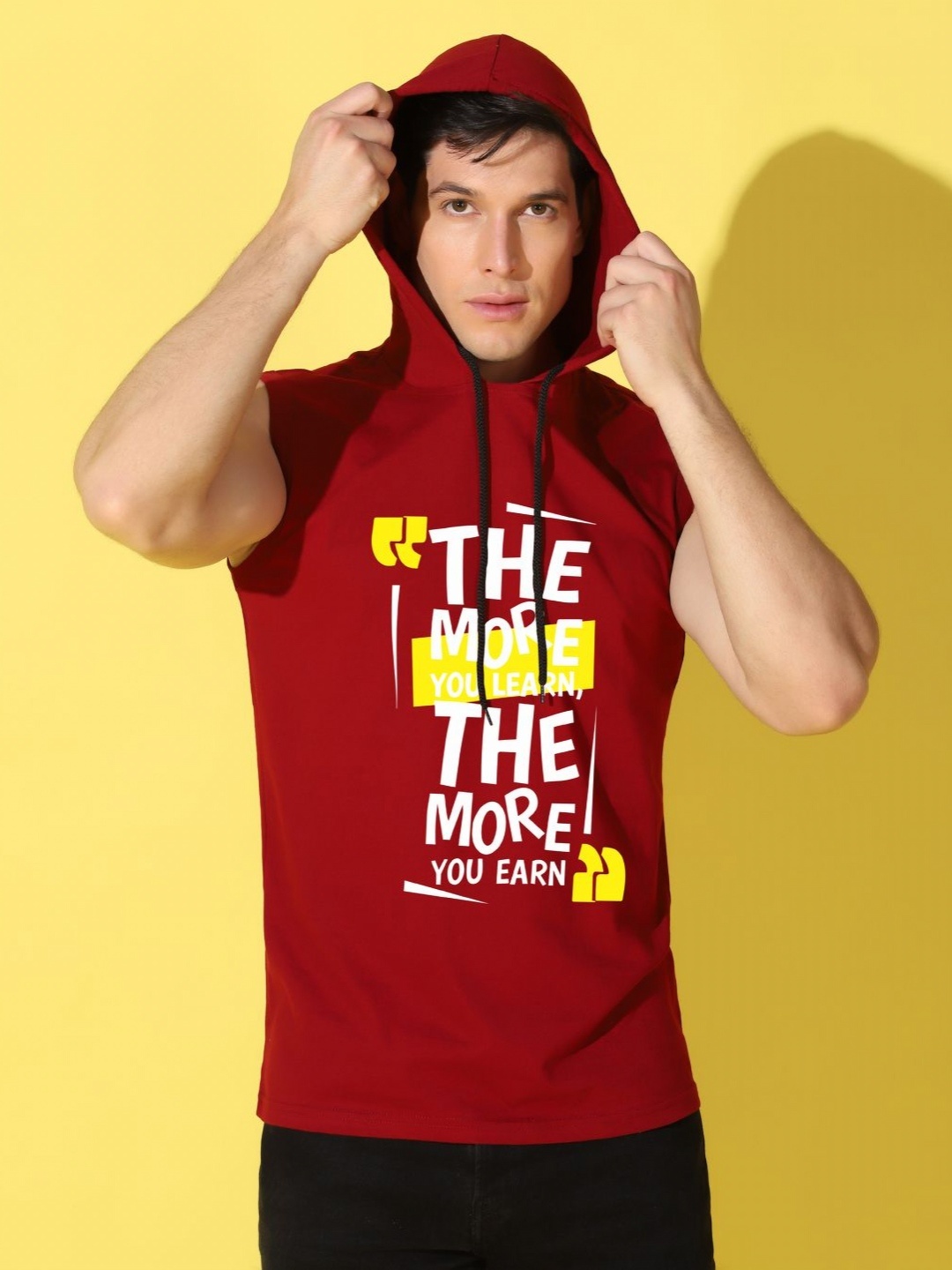 

WOOSTRO Men Typography Printed Hooded Slim Fit T-shirt, Maroon