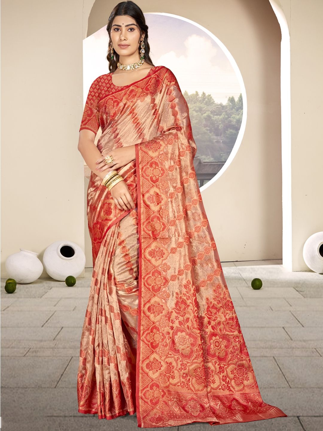 

SANGAM PRINTS Woven Design Zari Organza Designer Tussar Saree, Orange