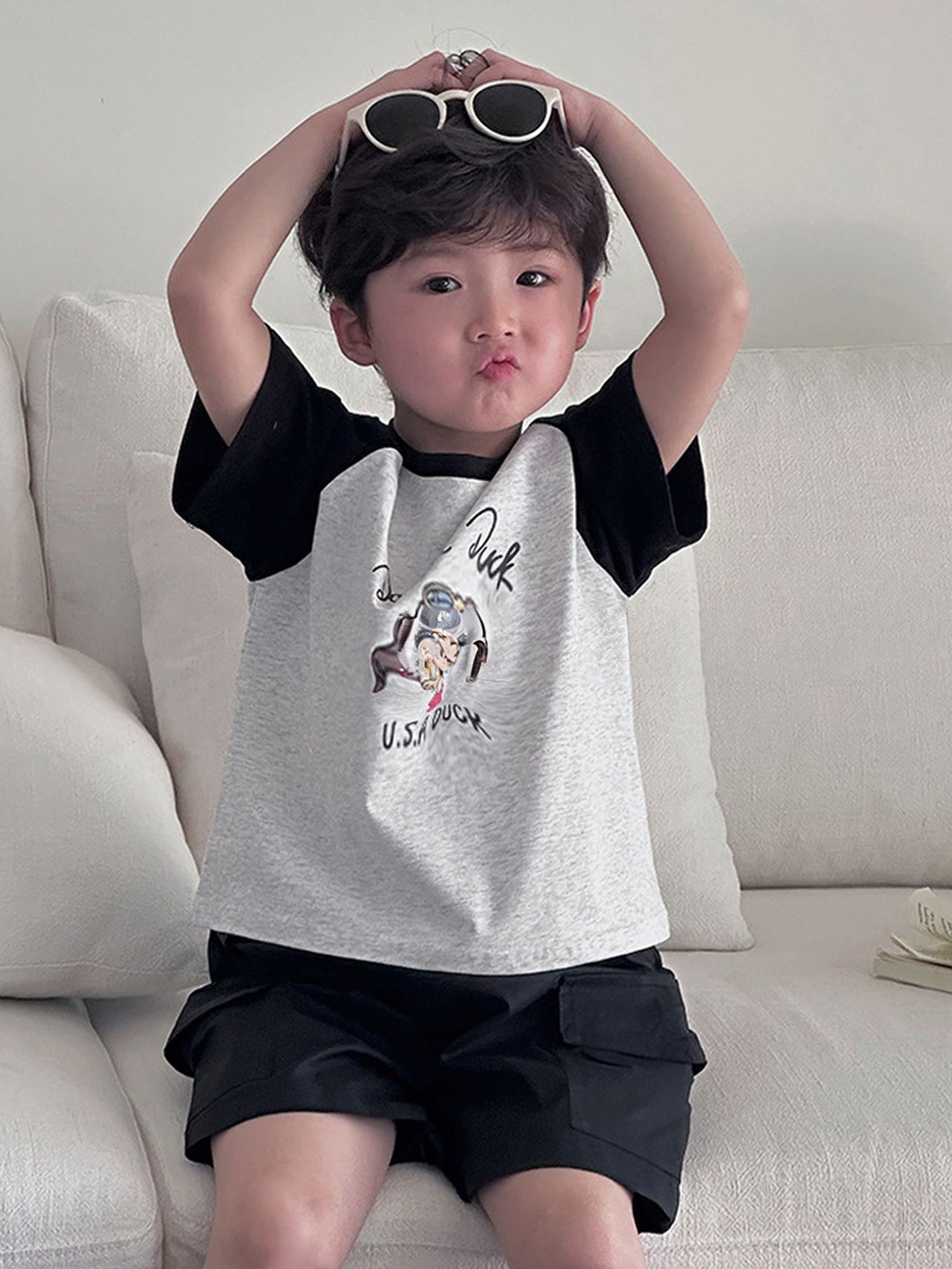 

LULU & SKY Boys Colourblocked Henley Neck Organic Cotton T-shirt, Grey