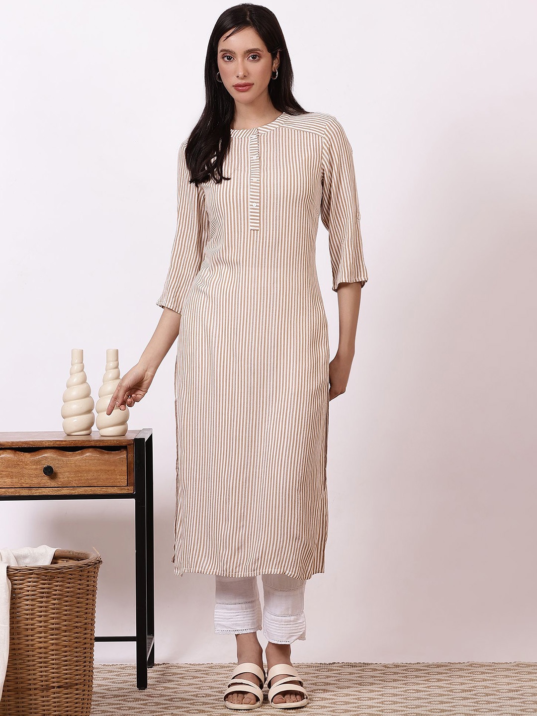 

AURELIA Women Striped Regular Kurta with Trousers, Brown
