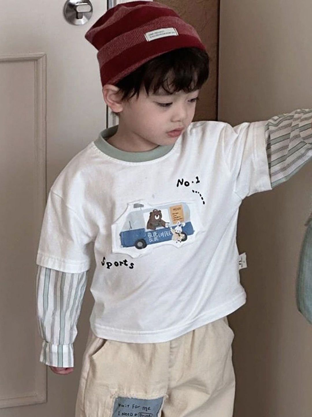 

LULU & SKY Boys Printed Extended Sleeves Organic Cotton Applique T-shirt, Green