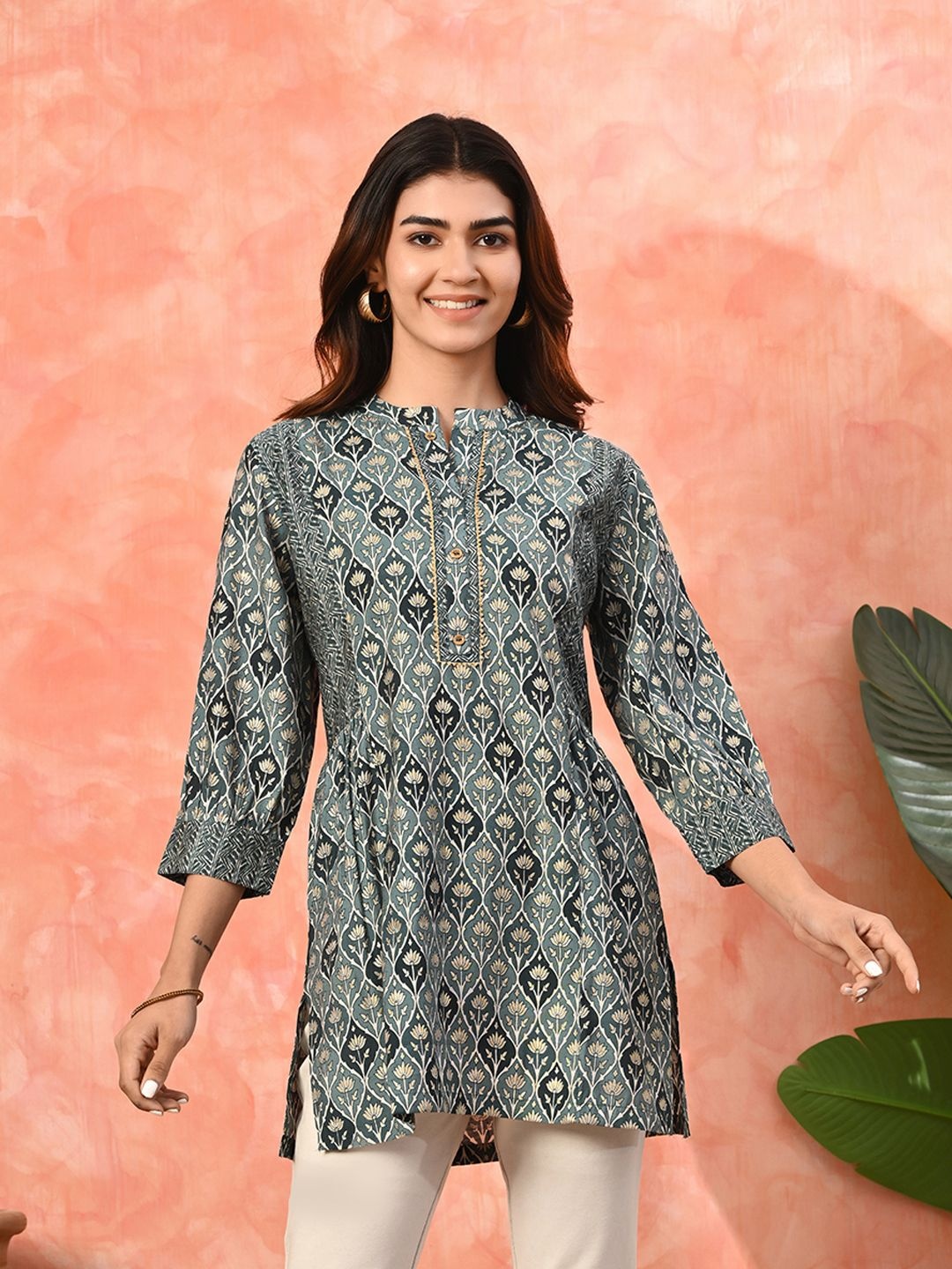 

Sangria Printed Mandarin Collar Tunic, Blue