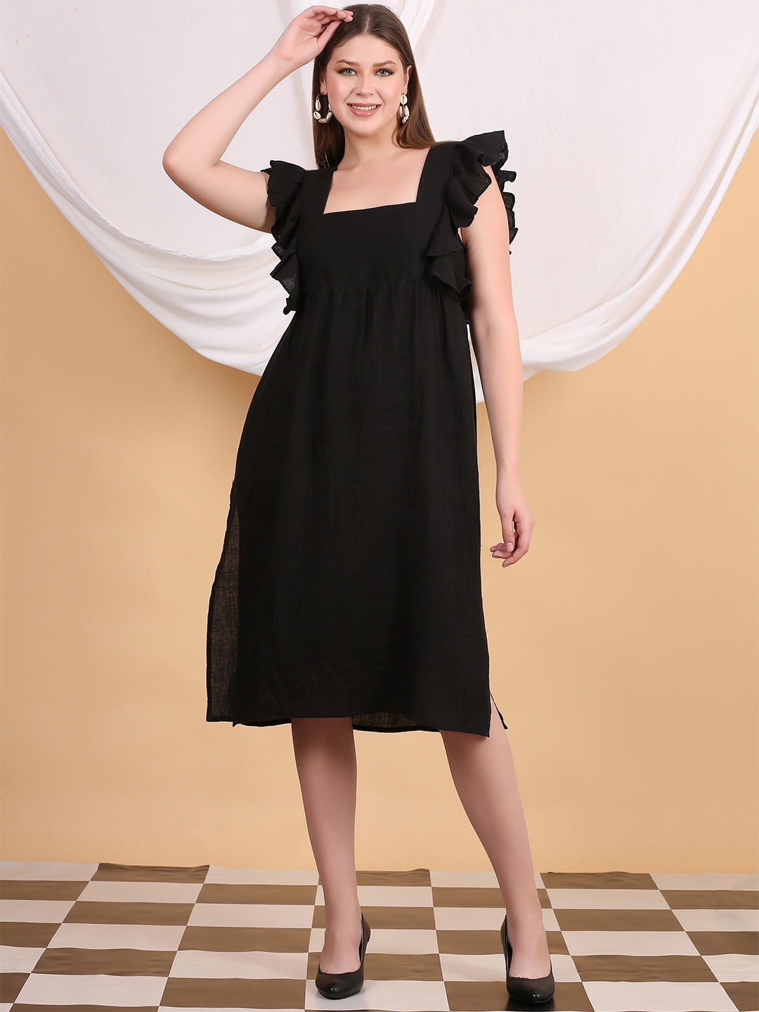 

ECO LEAS BY SHIPRA Flutter Sleeve Linen Maxi Dress, Black
