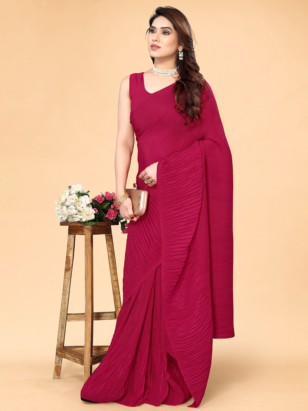 

Moda Rapido Poly Chiffon Saree, Pink
