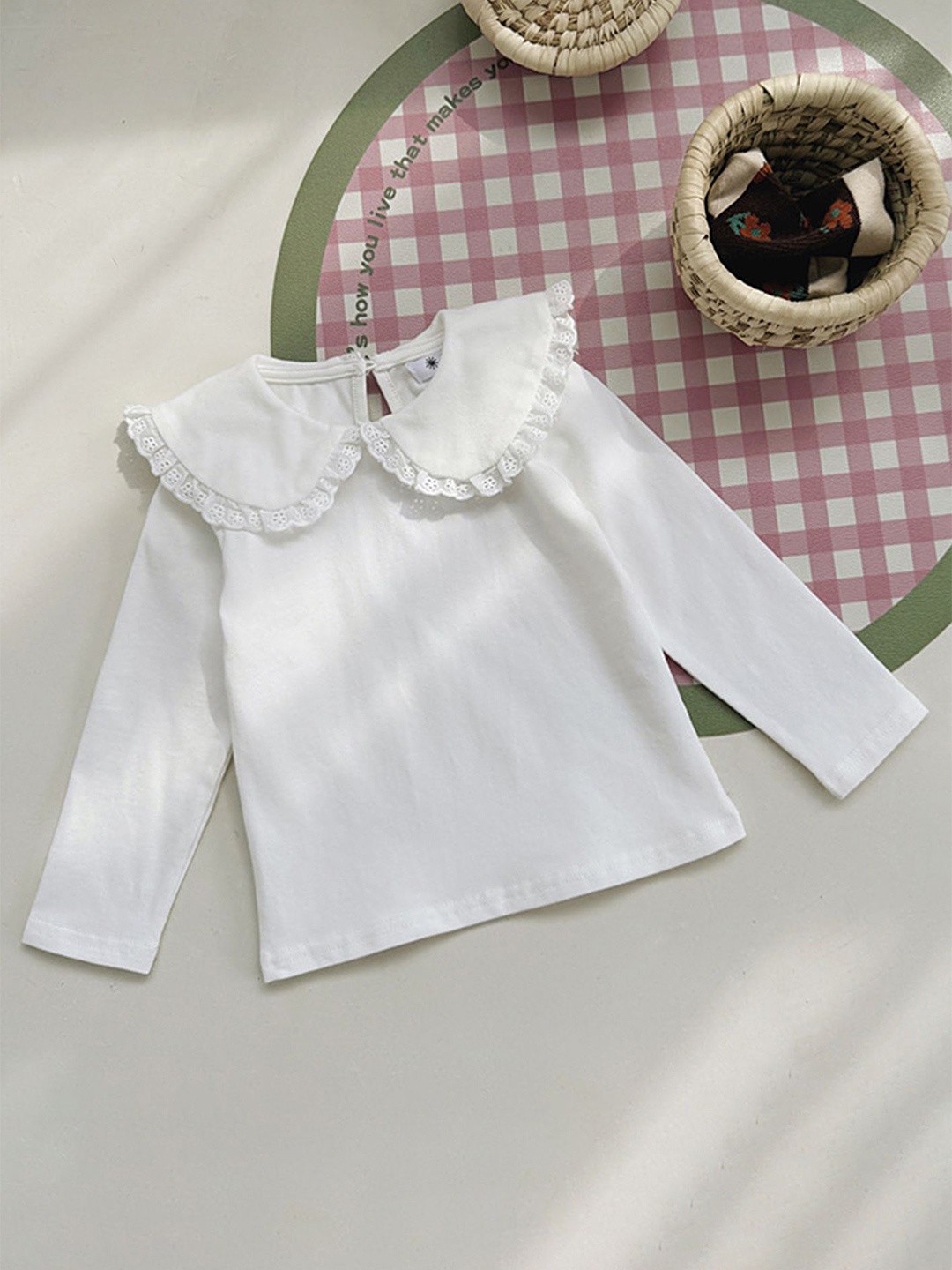 

LULU & SKY Checked Peter Pan Collar Cotton Top, White