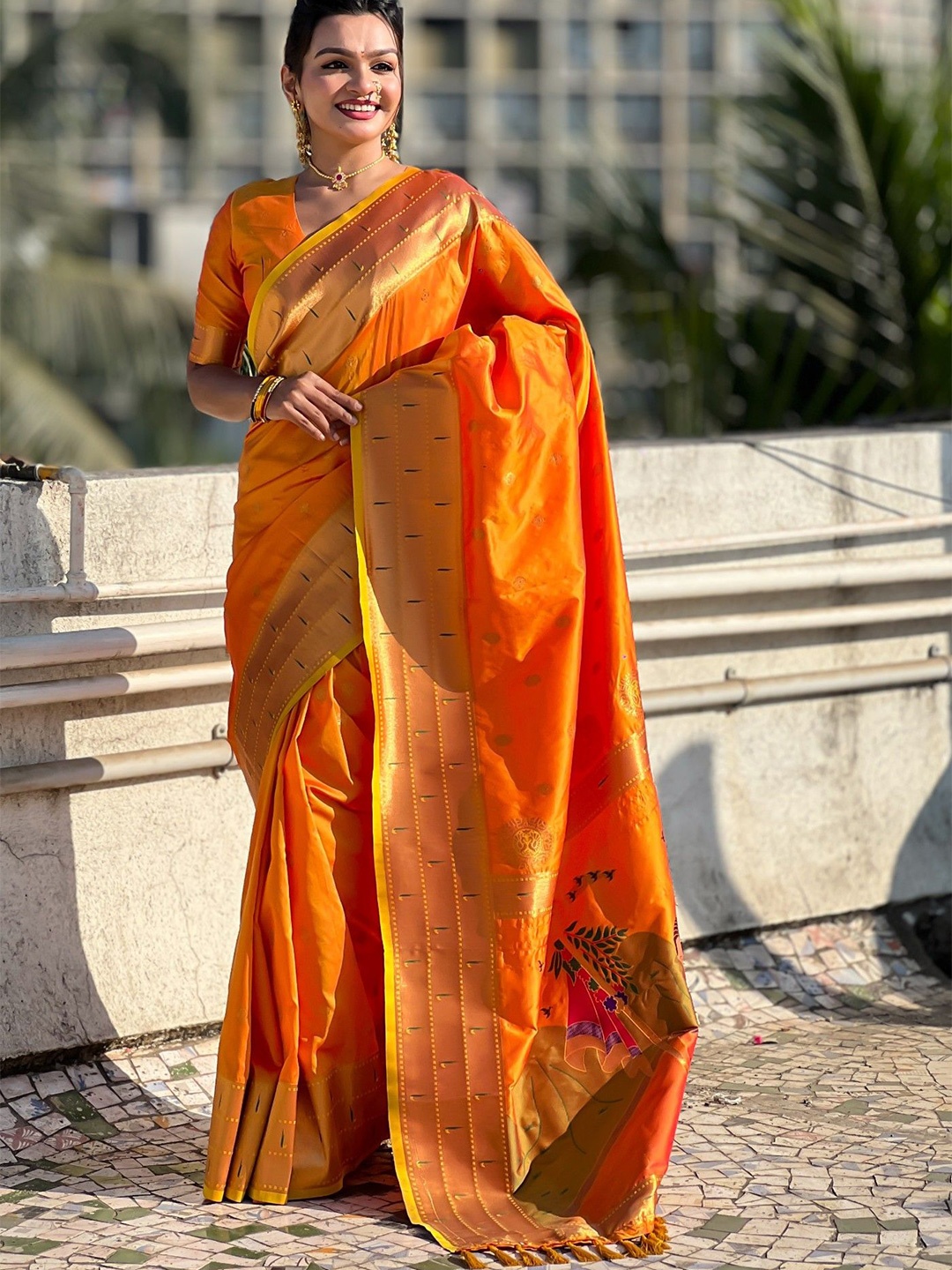 

MySilkLove Woven Design Zari Silk Blend Paithani Saree, Orange