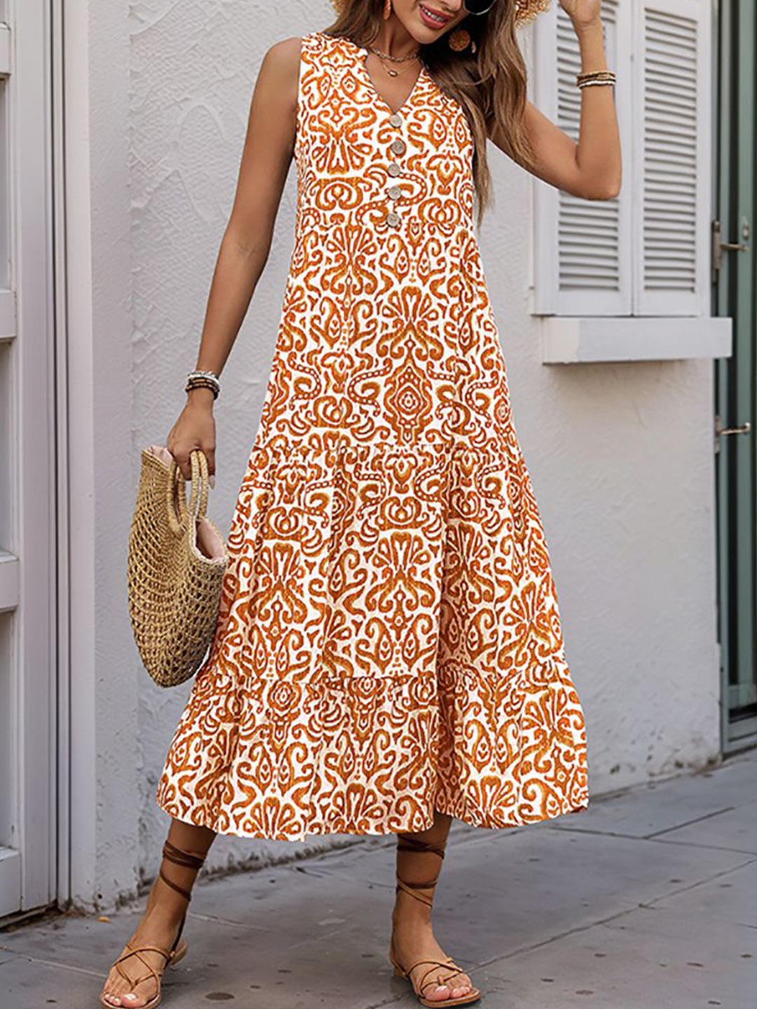 

StyleCast x Revolte Ethnic Motifs Print A-Line Midi Dress, Orange