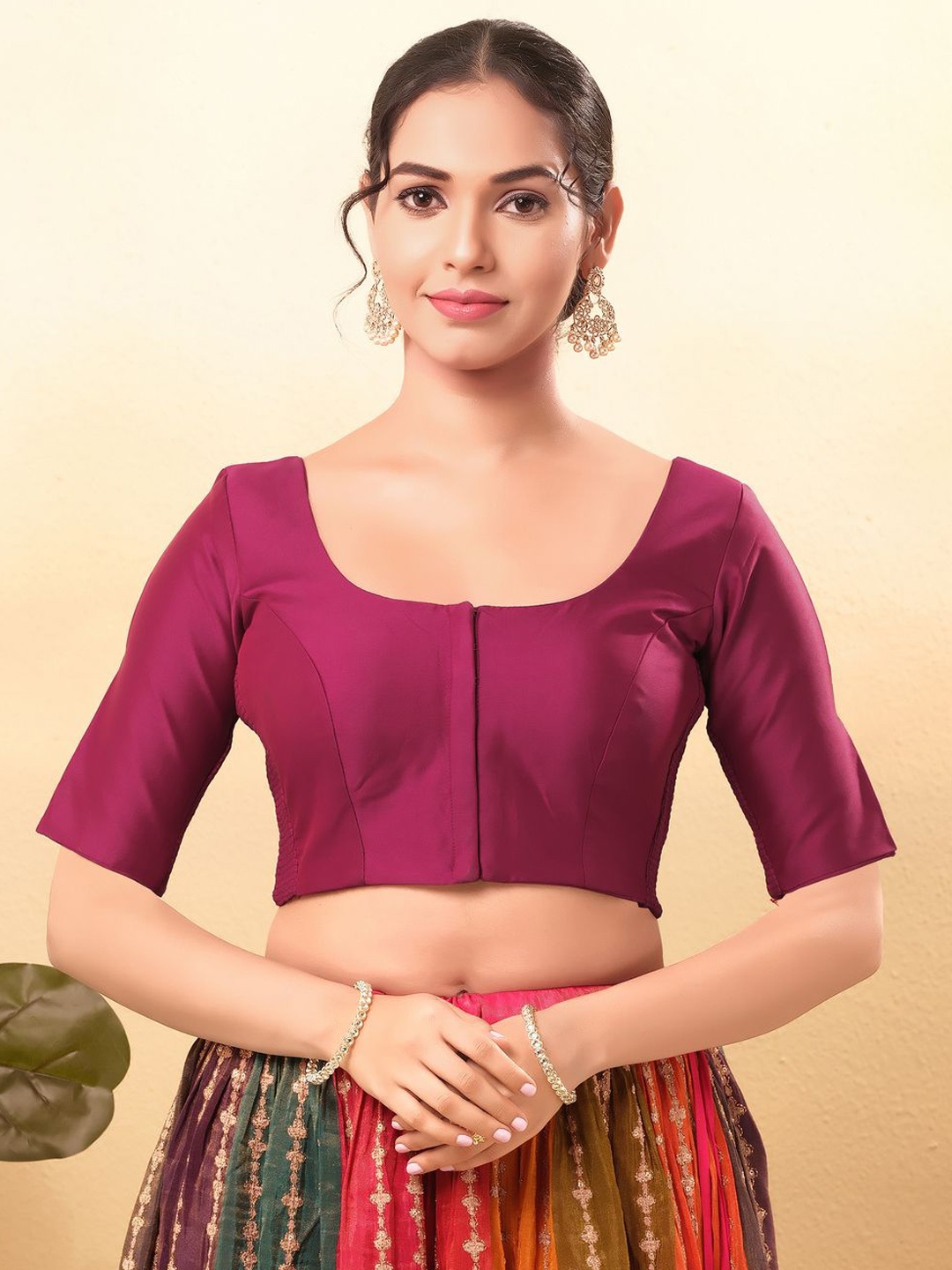 

VAMAS - THE DESIGNER BLOUSES Women Round Neck Padded Saree Blouse, Purple