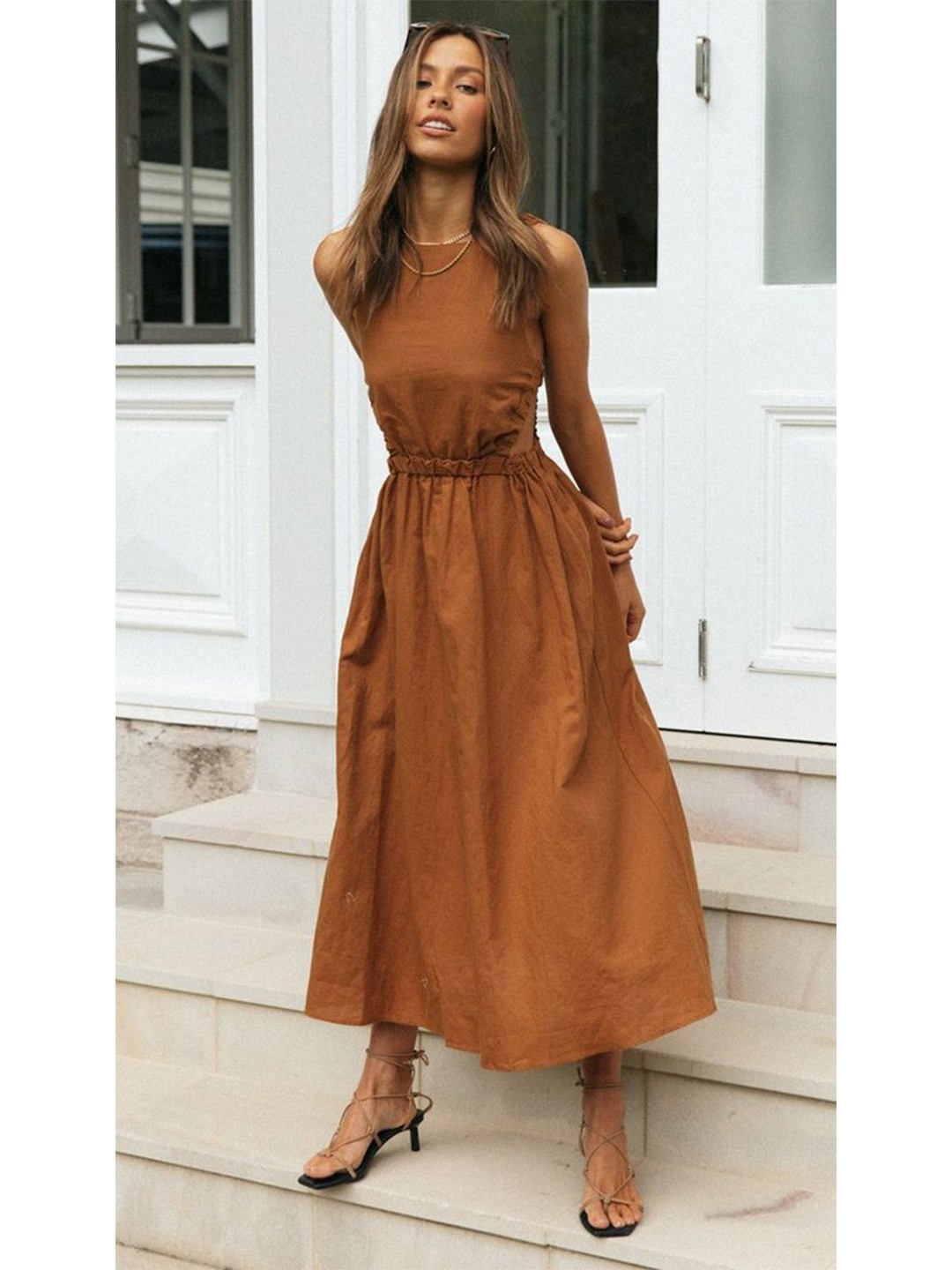 

The Roadster Lifestyle Co Boat Neck Cotton Fit & Flared Dress, Brown