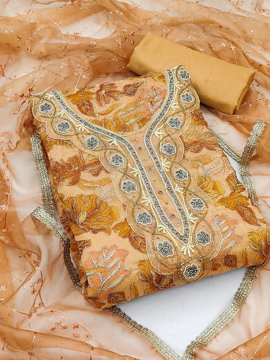 

SHADOW & SAINING Embellished Organza Semi-Stitched Dress Material, Mustard