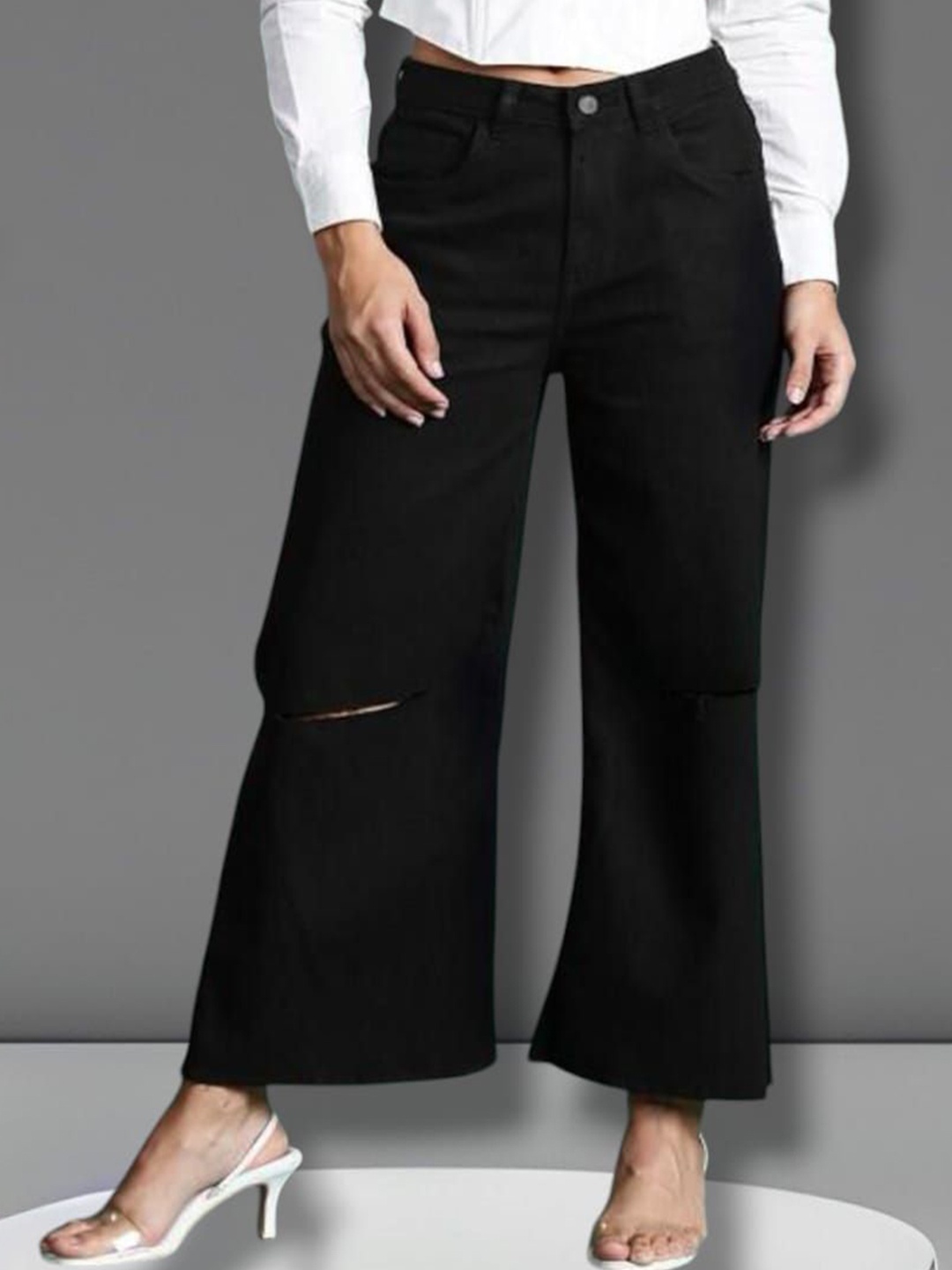 

Perfect Outlet Women Straight Fit High-Rise Slash Knee Jeans, Black