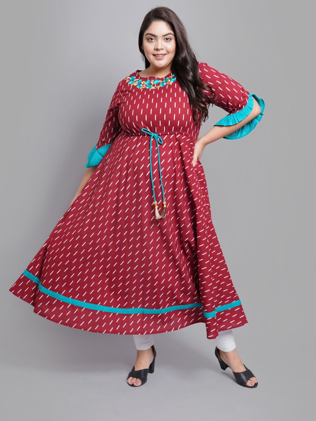 

YASH GALLERY Ethnic Motifs Print Fit & Flare Midi Dress, Maroon