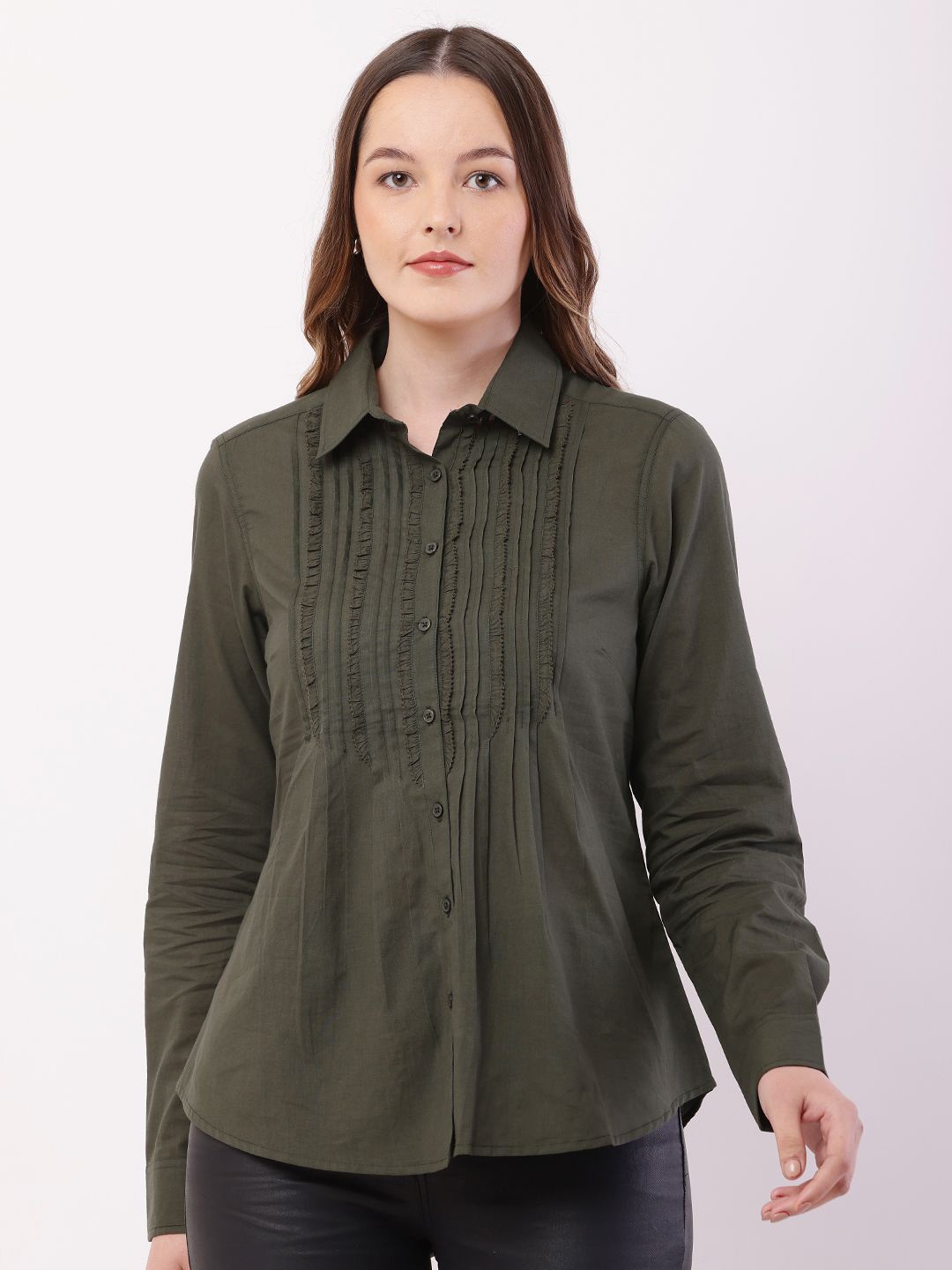 

HERE&NOW Women Comfort Opaque Casual Shirt, Olive