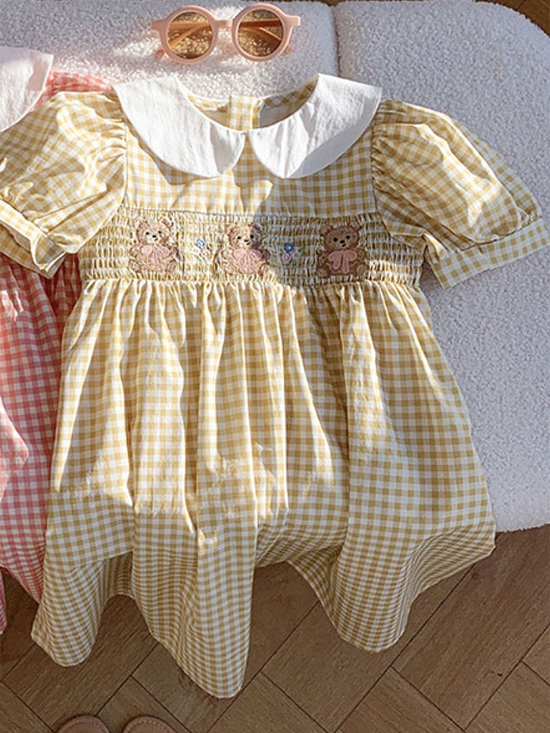 

LULU & SKY Checked Puff Sleeve A-Line Dress, Yellow