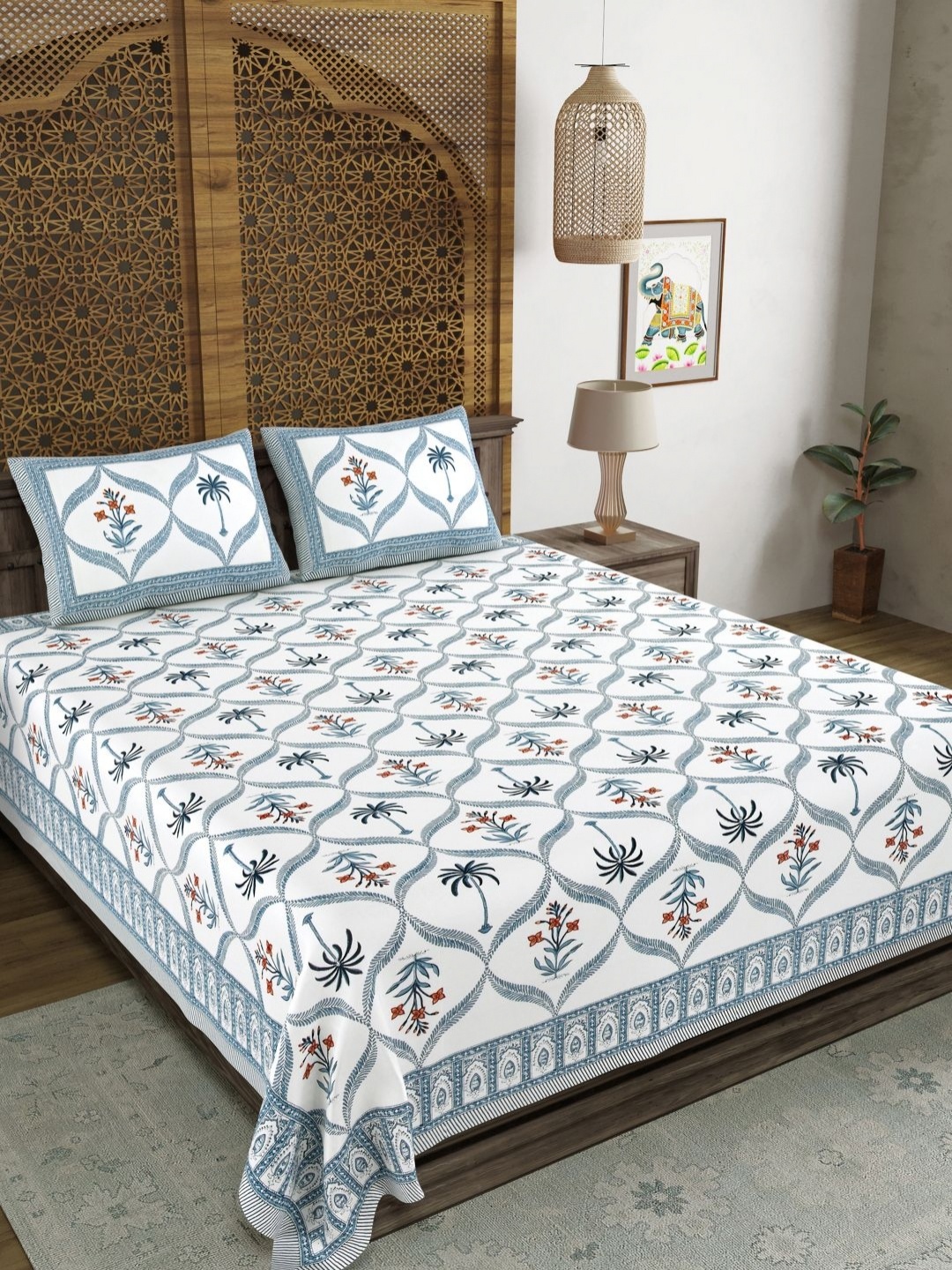 

BLOCKS OF INDIA Blue & White Ethnic Motifs 210 TC King Bedsheet with 2 Pillow Covers