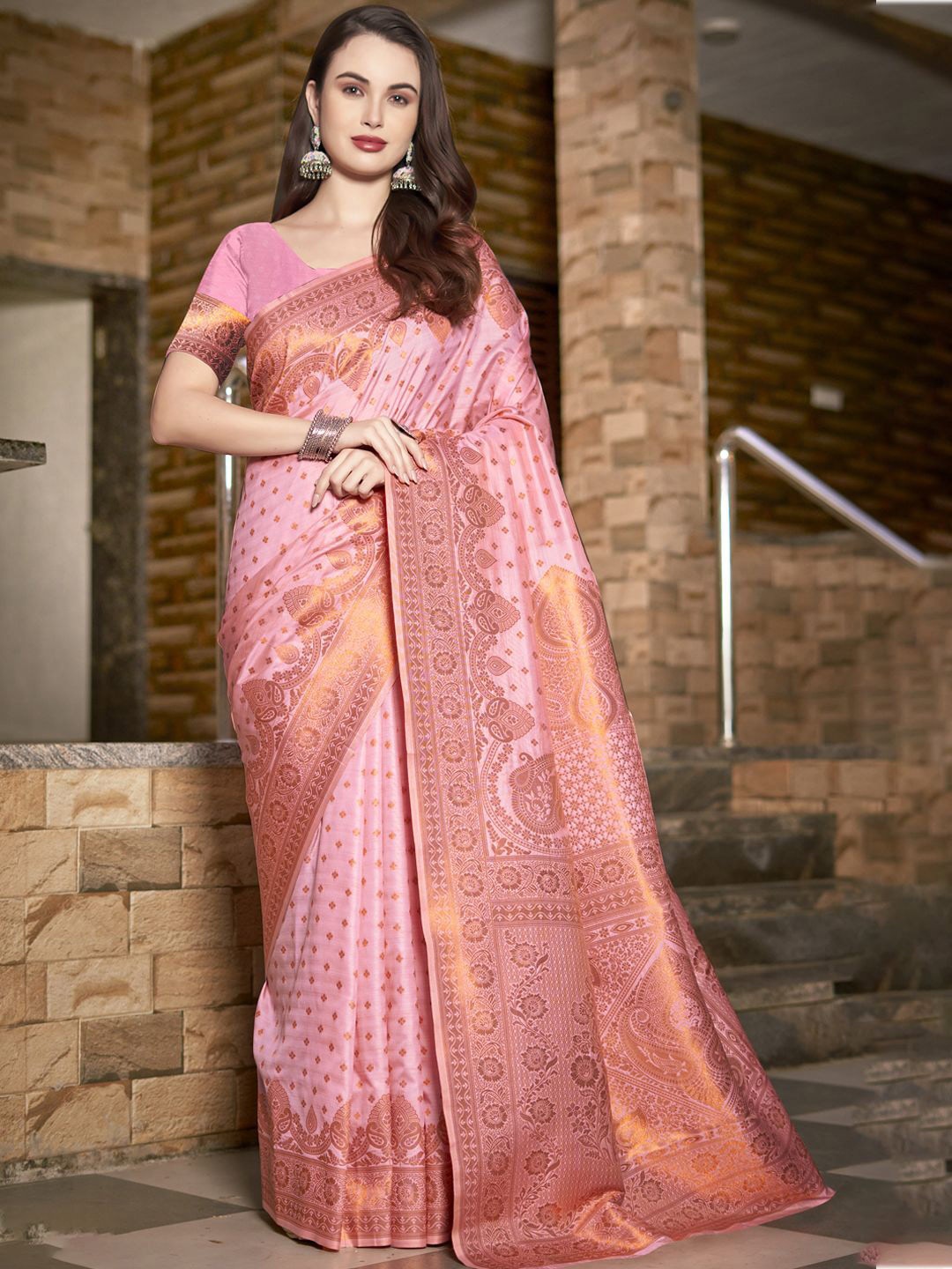 

SANGAM PRINTS Ethnic Motifs Zari Silk Blend Tussar Saree, Pink