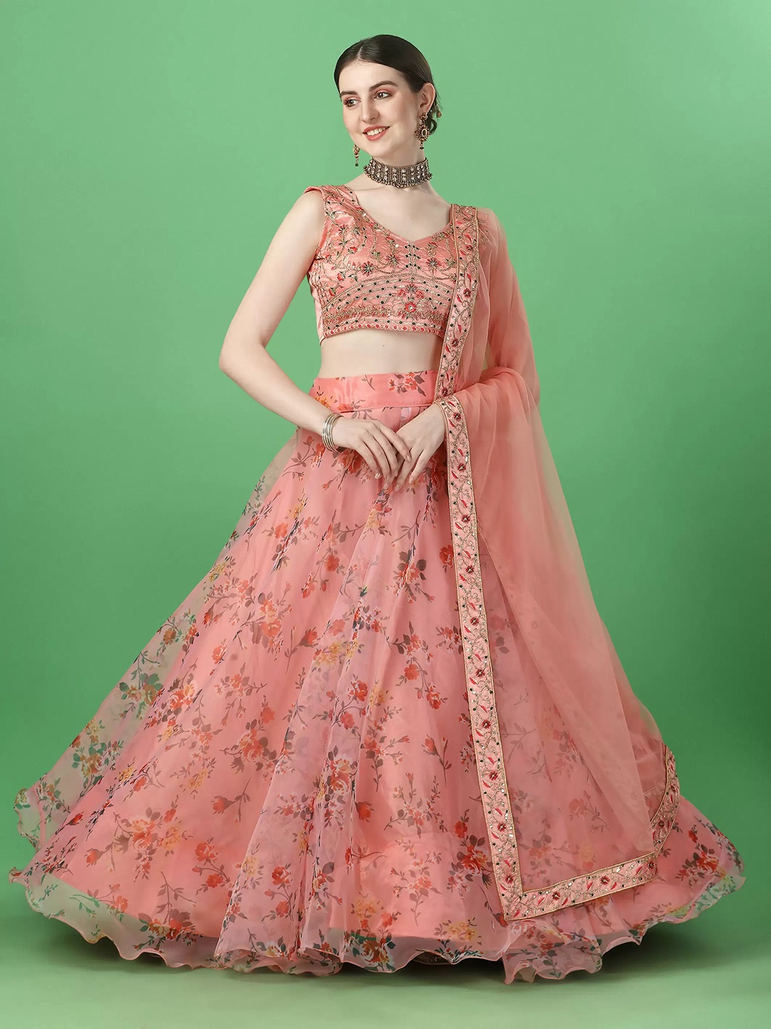 

Piludi Printed Semi-Stitched Lehenga & Unstitched Blouse With Dupatta, Orange