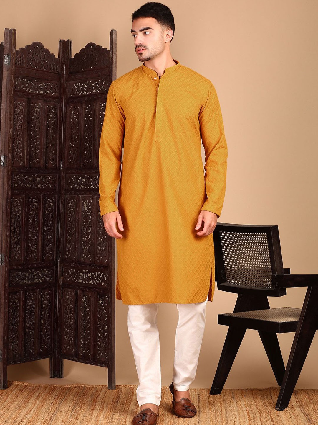 

House of Pataudi Chikankari Straight Kurta, Mustard