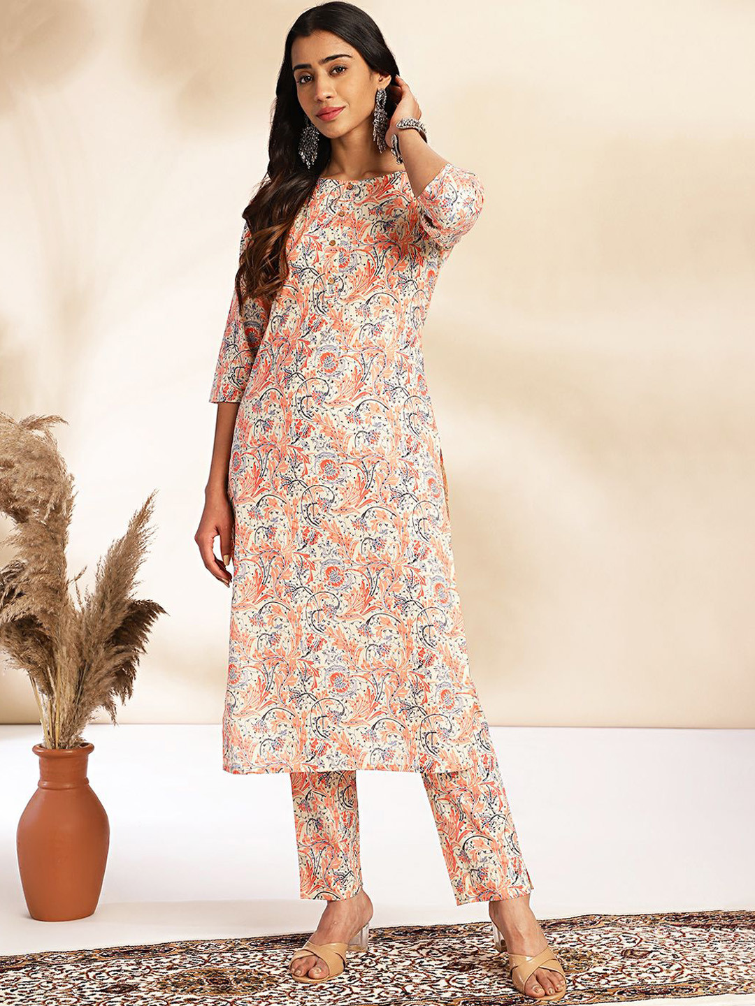 

CUSTARD Women Printed Pure Cotton Kurta with Palazzos &, Beige