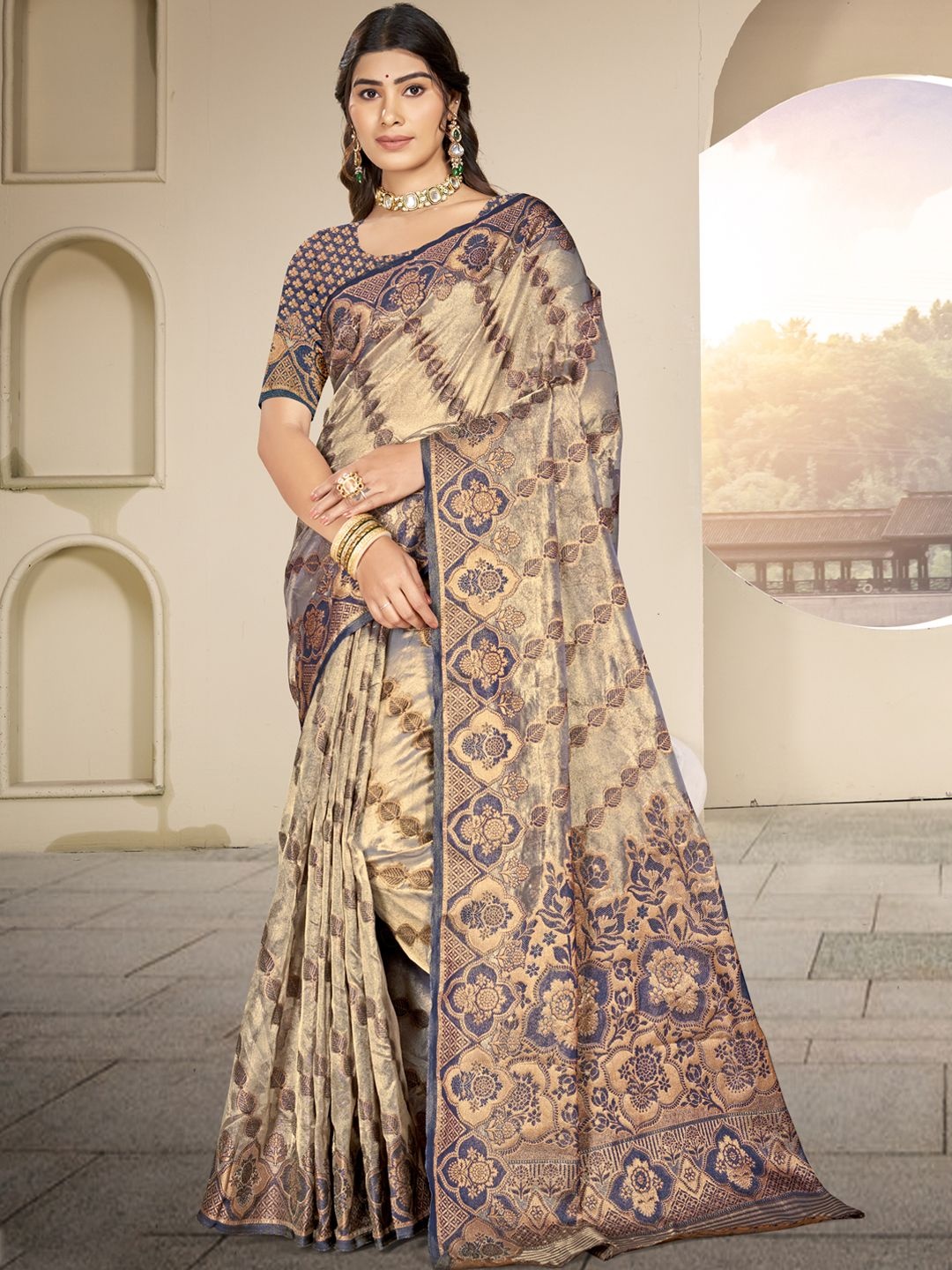 

SANGAM PRINTS Floral Zari Organza Tussar Saree, Brown