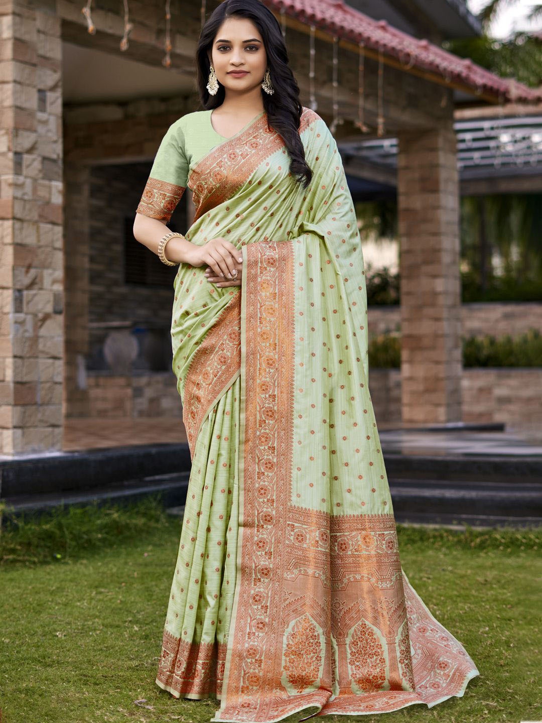 

SANGAM PRINTS Woven Design Zari Silk Blend Tussar Saree, Fluorescent green