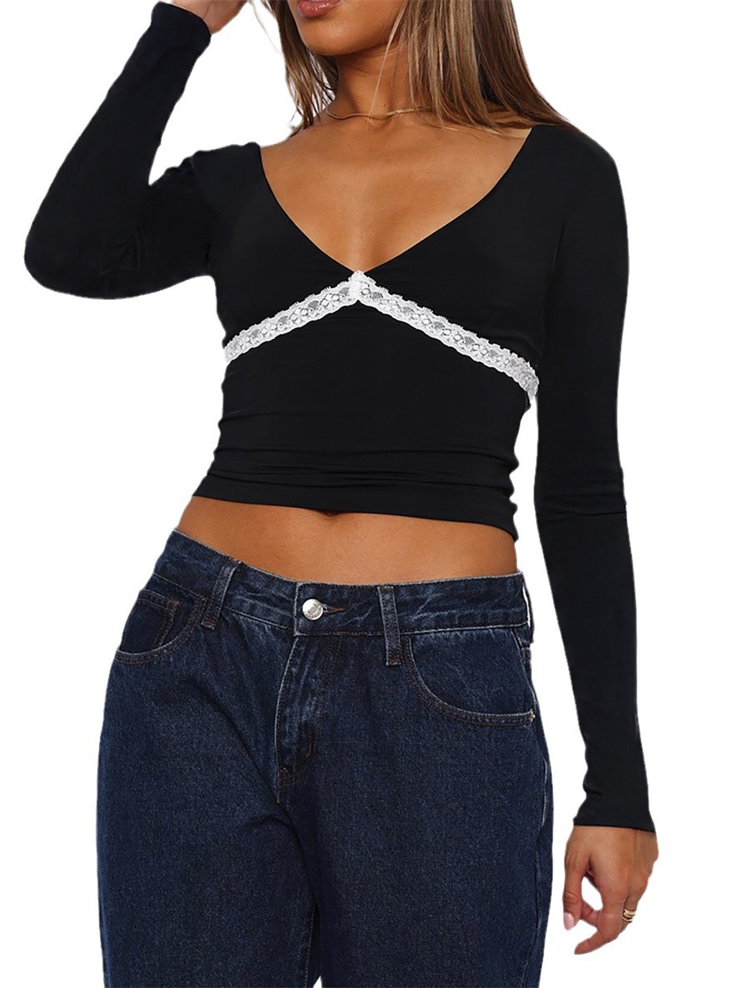 

StyleCast x Revolte Lace Inserted Fitted Crop Top, Black