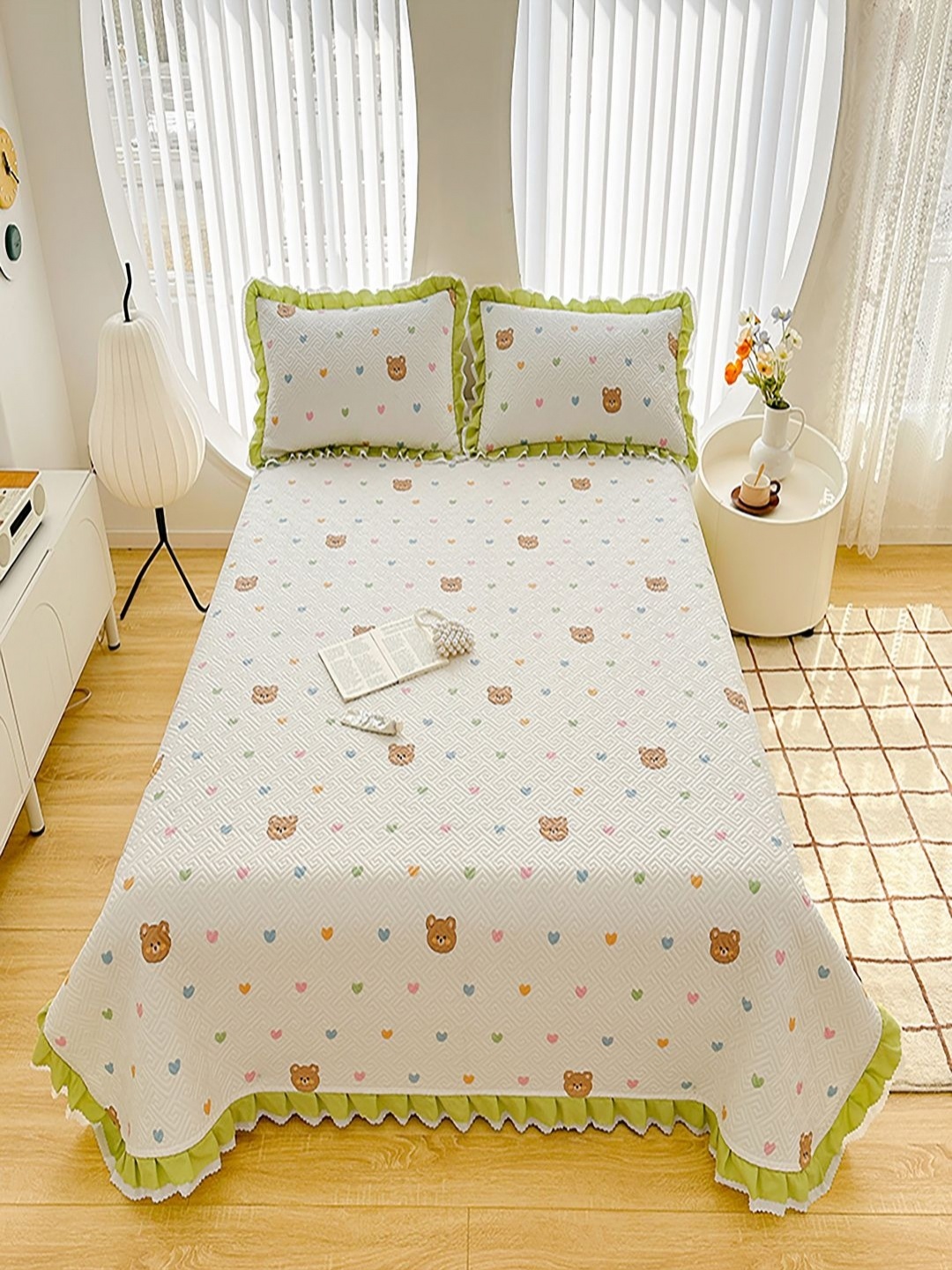 

JC HOME Green & White Printed Pure Cotton Double King Bed & Pillow Cover
