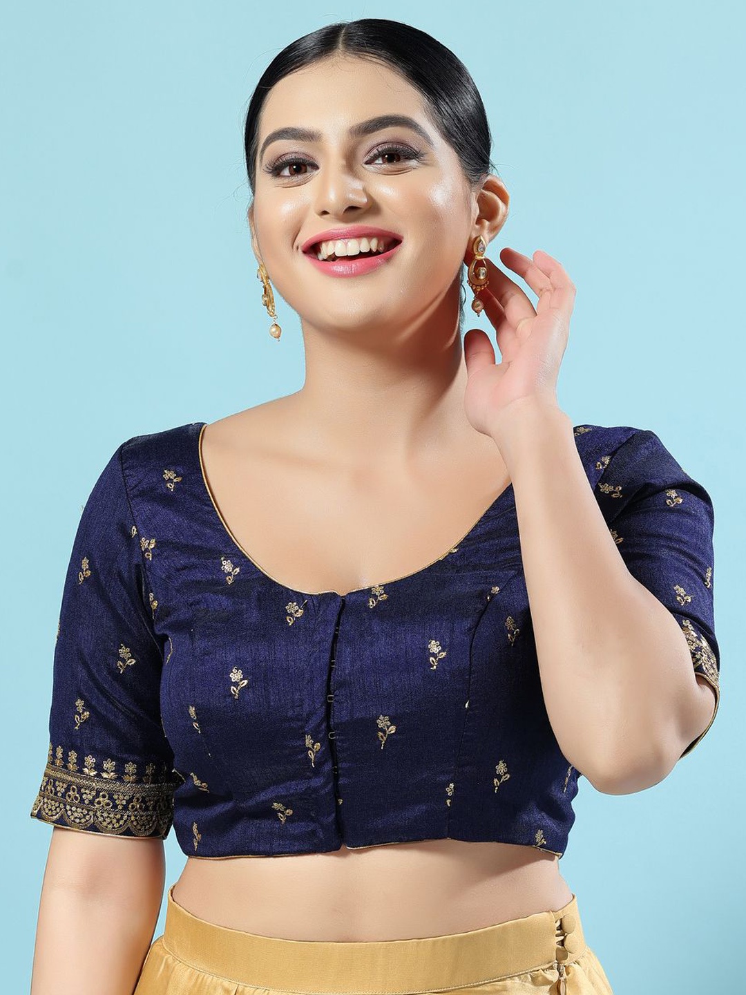 

VAMAS - THE DESIGNER BLOUSES Embroidered Non Padded Round Neck Saree Blouse, Navy blue