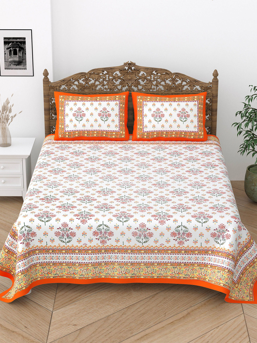 

Gulaab Jaipur Orange & White Ethnic Motifs 400 TC King Bedsheet with 2 Pillow Covers